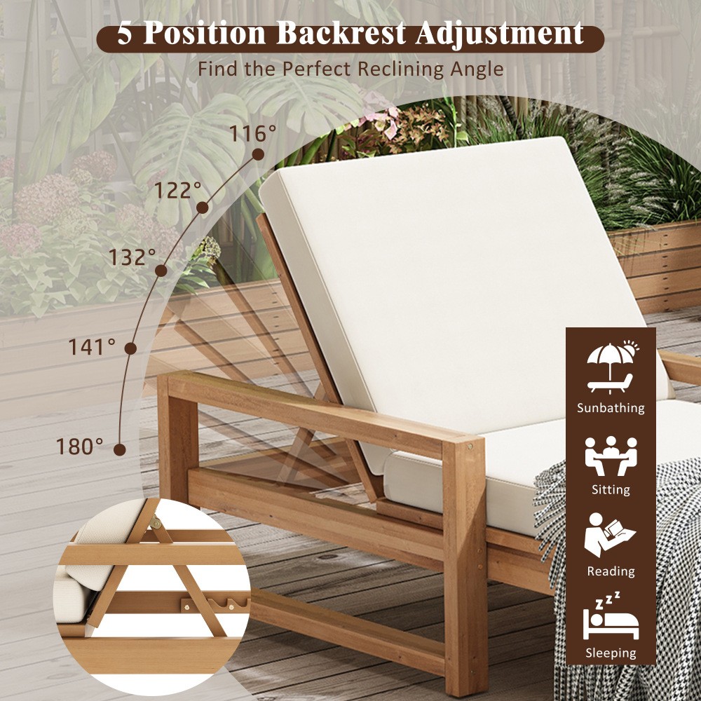 Adjustable Outdoor Lounge Recliner Chair w/Cushion Pool Backyard Deck Lawn Wood