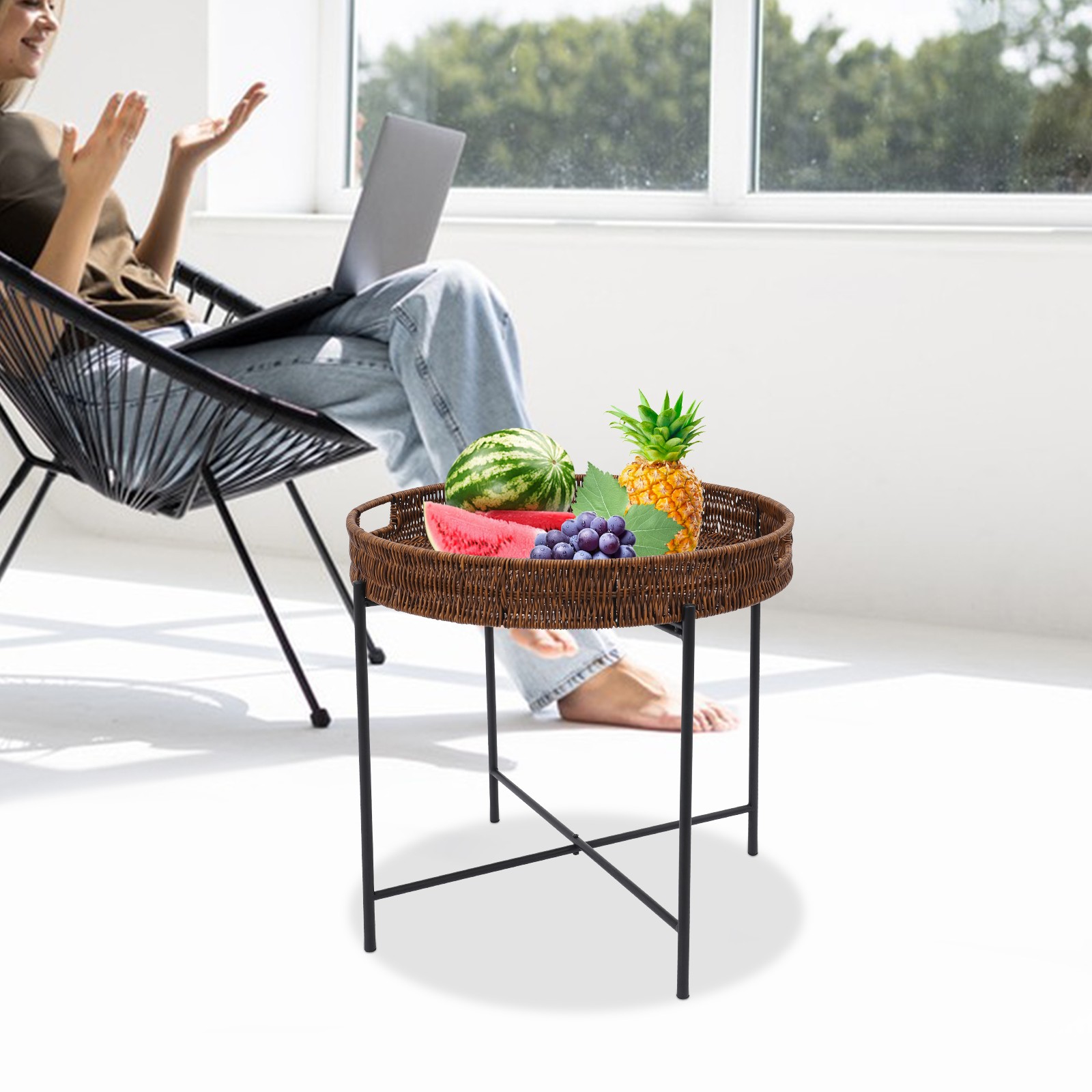 Black, Brown Small Round End Table Indoor Wicker Rattan Side Table,Round Tray