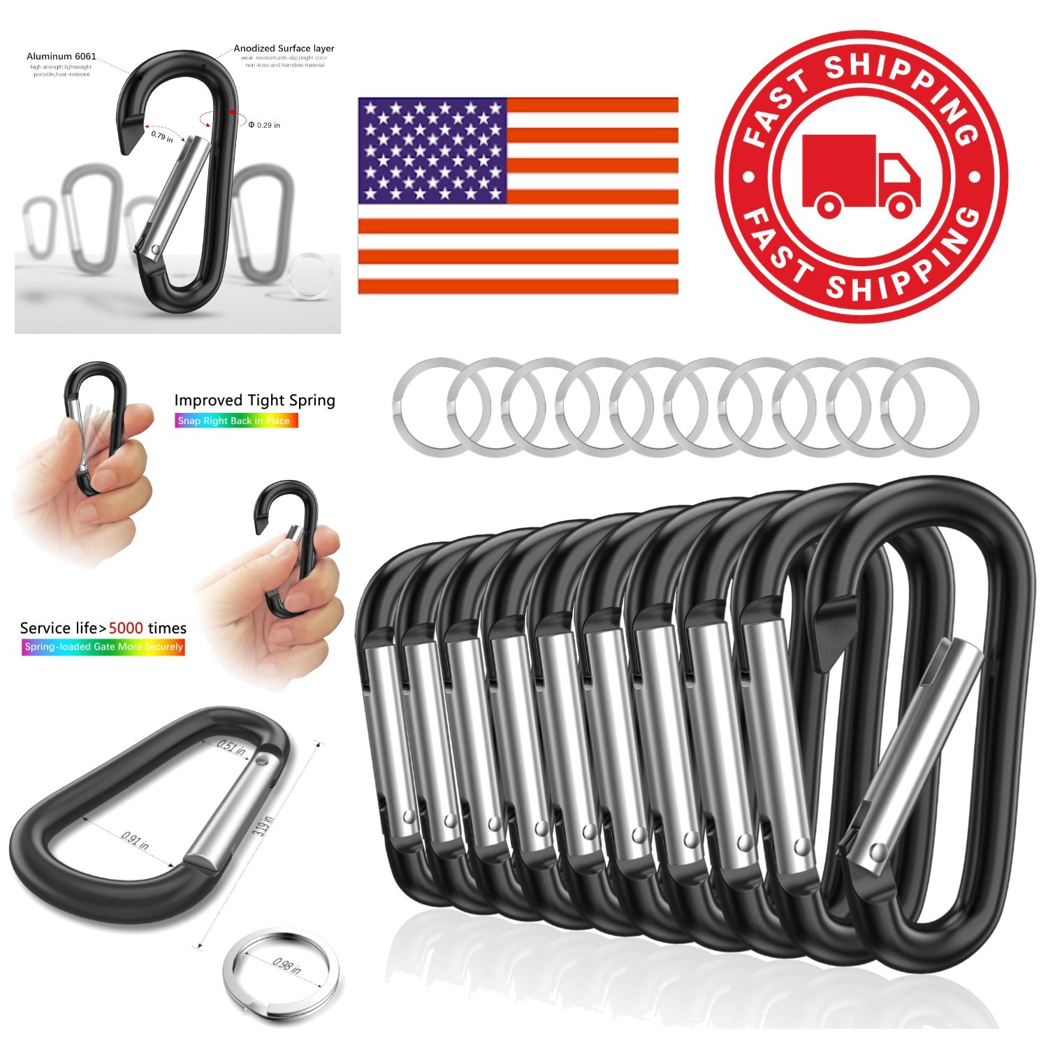 Set of 10 3 Inch Aluminum Carabiners with Steel Rings for Indoor Outdoor Gear