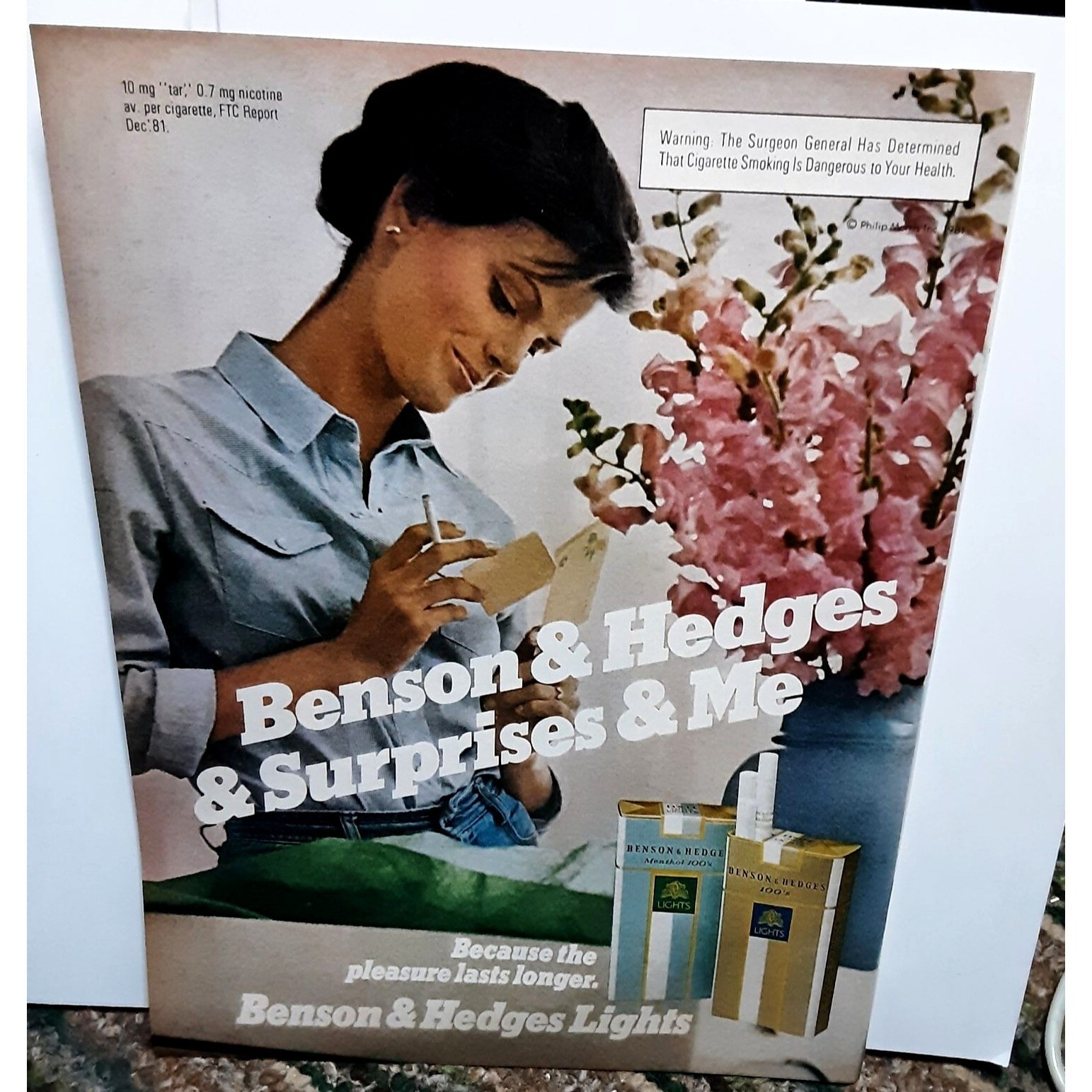 1982 Benson Hedges Cigarettes Woman Flowers Vintage Print Ad Original 80s