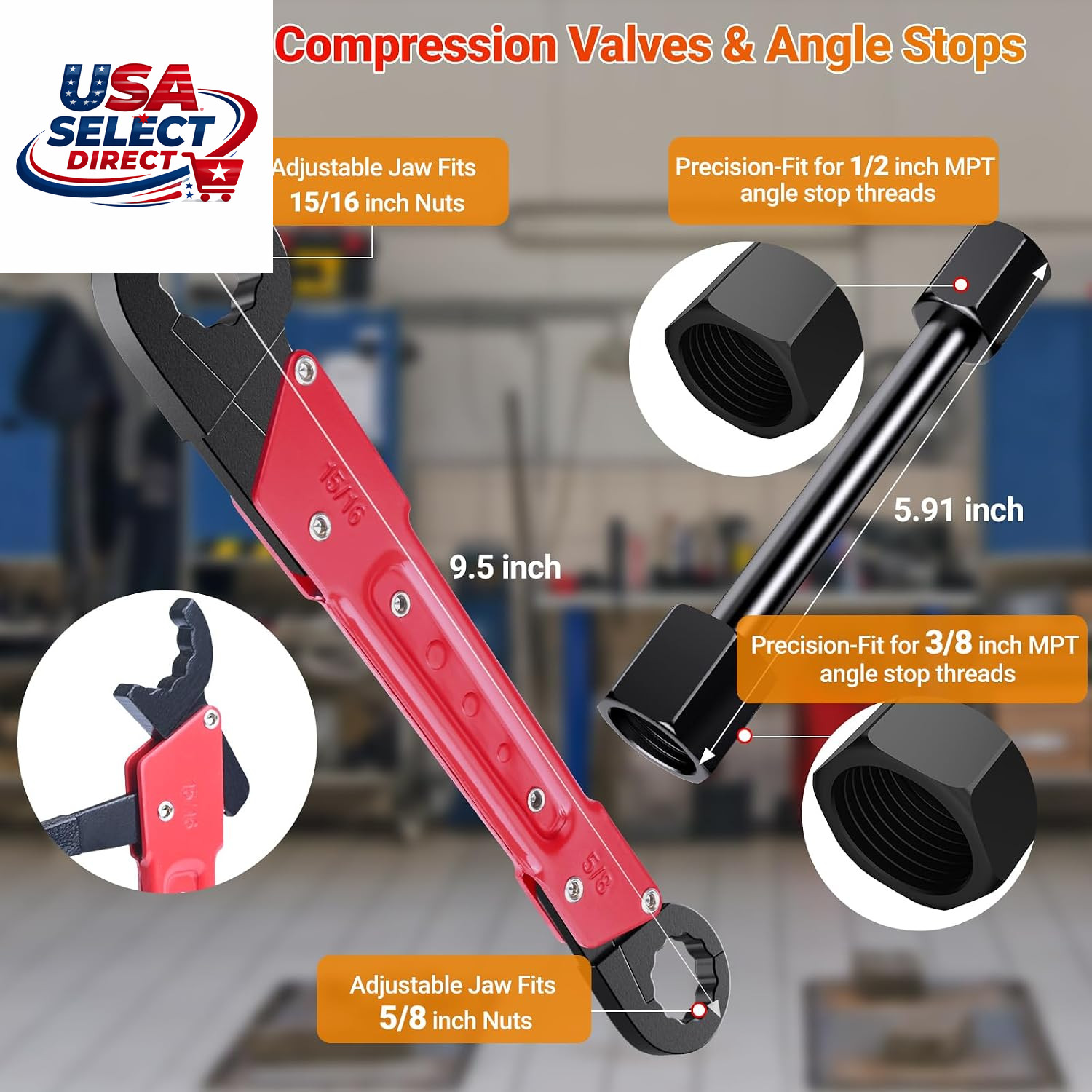 9PCS Angle Stop Wrench Kit with Sandpapers & Storage Bag Plumbing Tools