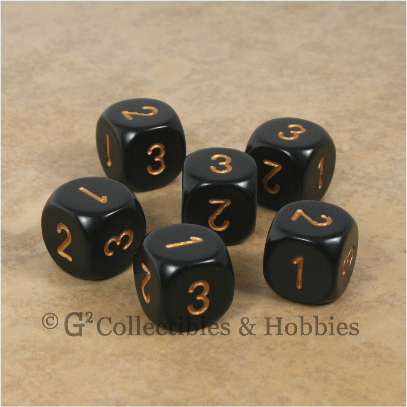 NEW Set of 6 D3 Six Sided 1 to 3 Twice Black w Gold Numbers Game Dice D&D RPG
