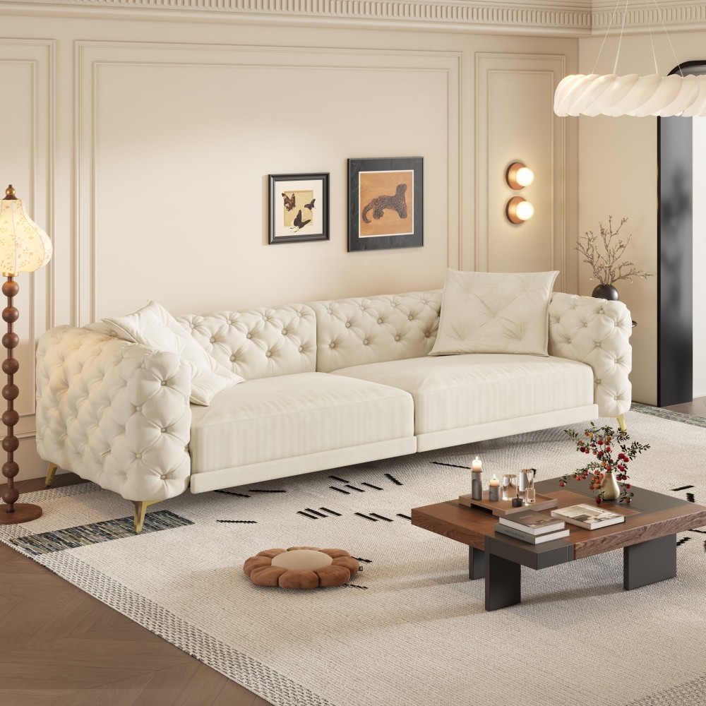 Convertible Sleeper Sofa Bed w Ottoman, Seats 4, Velvet, Beige/White