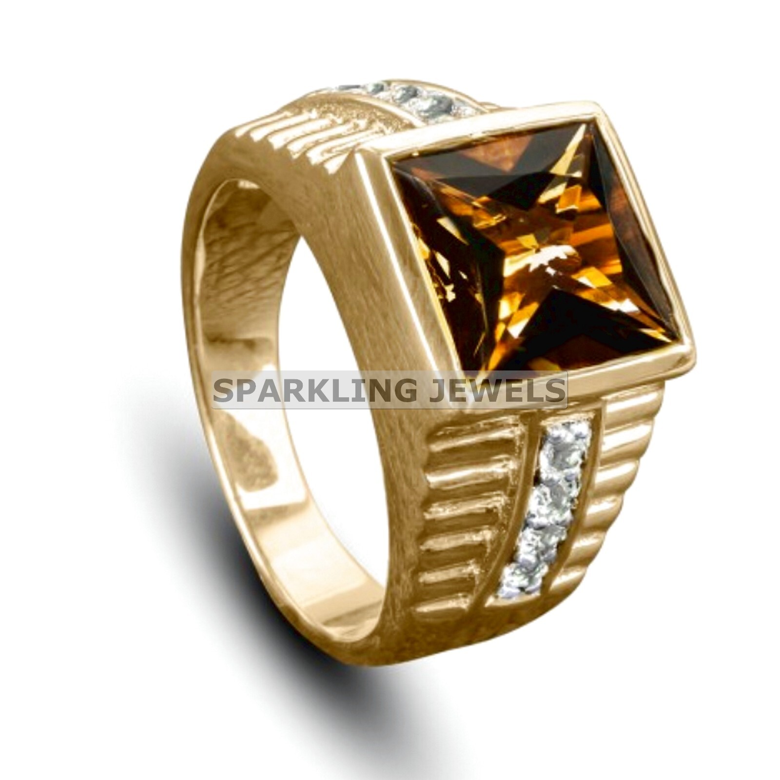 AAA+ Citrine Square Cut With 925 Silver Gold Plated Ring For Men #C170