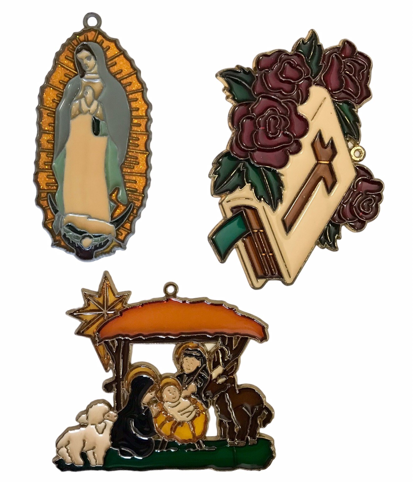 Religious Stained Glass Suncatchers Lot Of 3 Nativity Bible Madonna Vintage