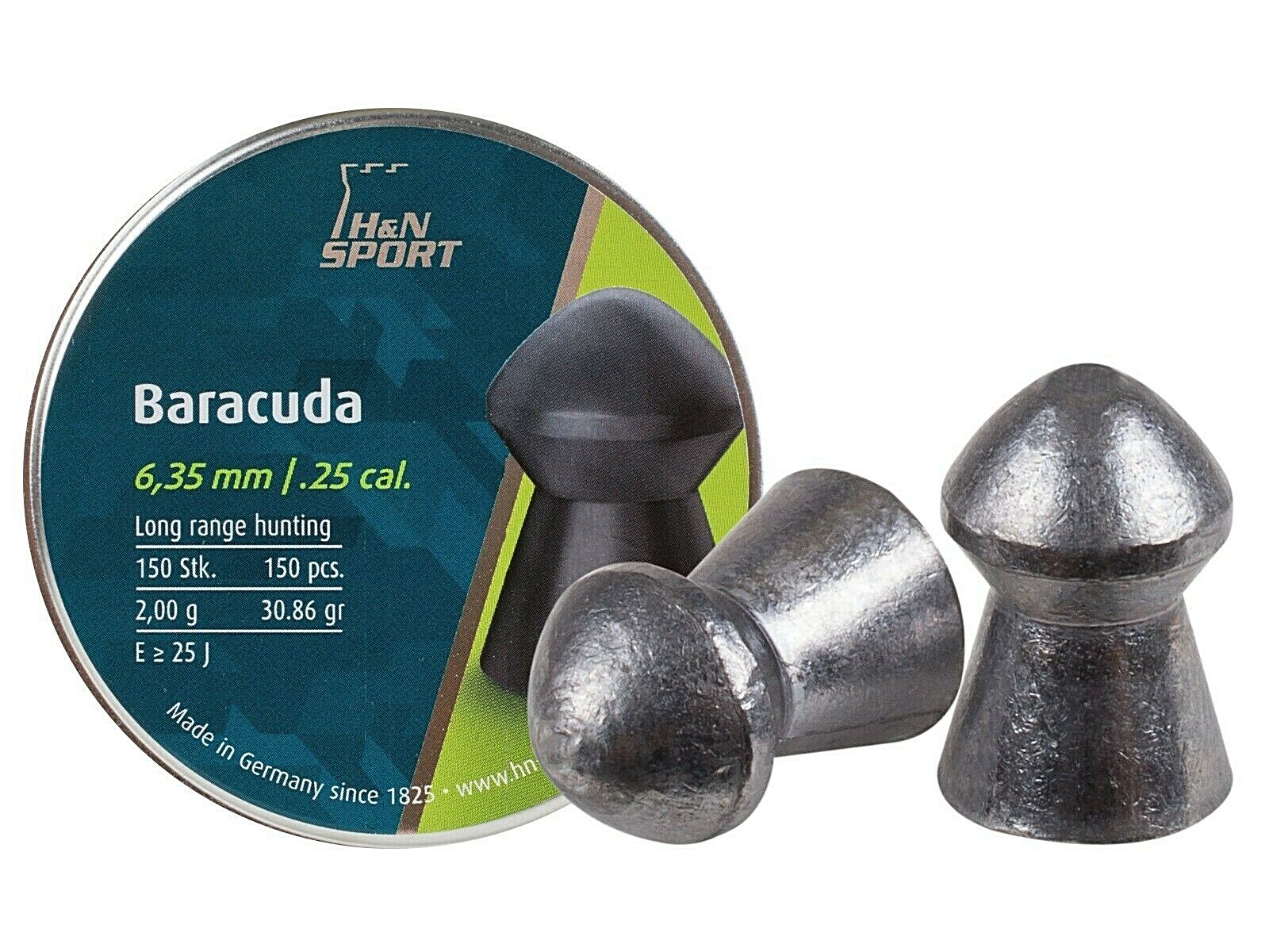 H&N BARACUDA .25 CALIBER PELLETS 150 COUNT 30.86 grains ROUND NOSE