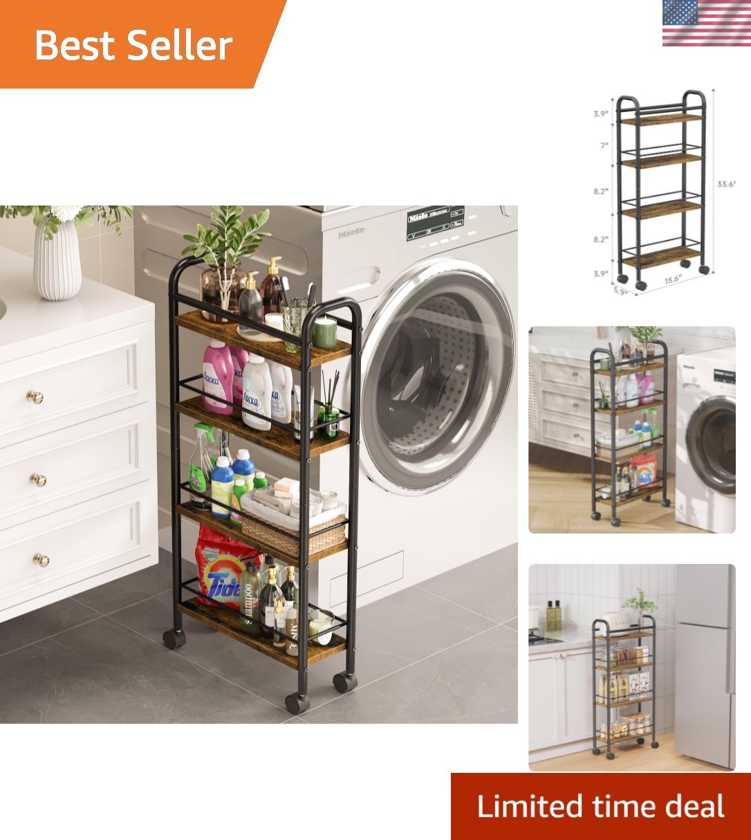 Slim Storage Cart, 4-Tier Small Rolling Cart with Wheels, 5.9" Deep, Narrow B...