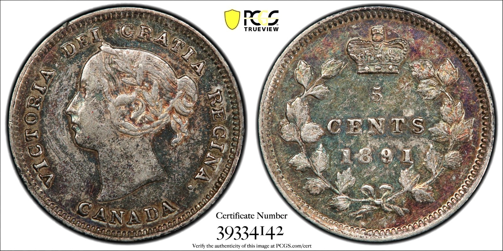 5 Cents 1891 Young Queen Victoria Grace of God Canada Toning XF PCGS Silver!!