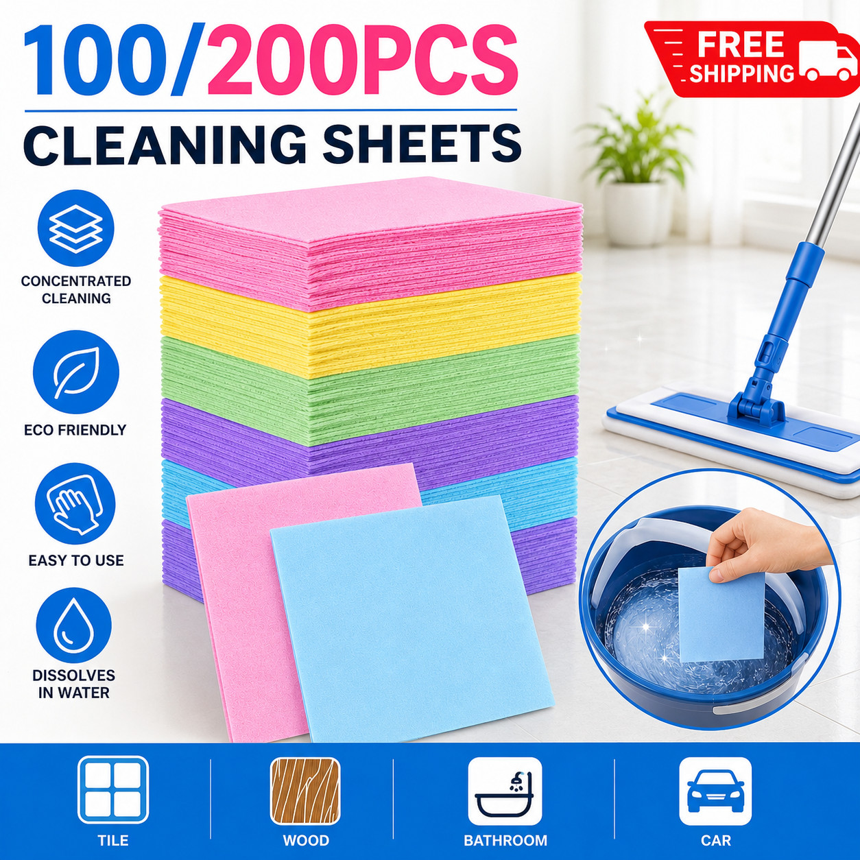 100/200Pcs Floor Cleaning Sheets Multi Surface Cleaner Tile Wood Bathroom Home