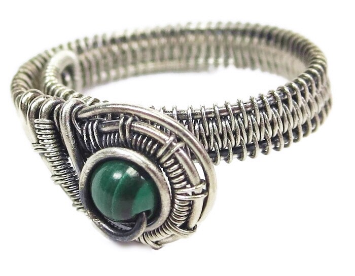 Malachite Adjustable Ring, Woven in Sterling Silver Wire