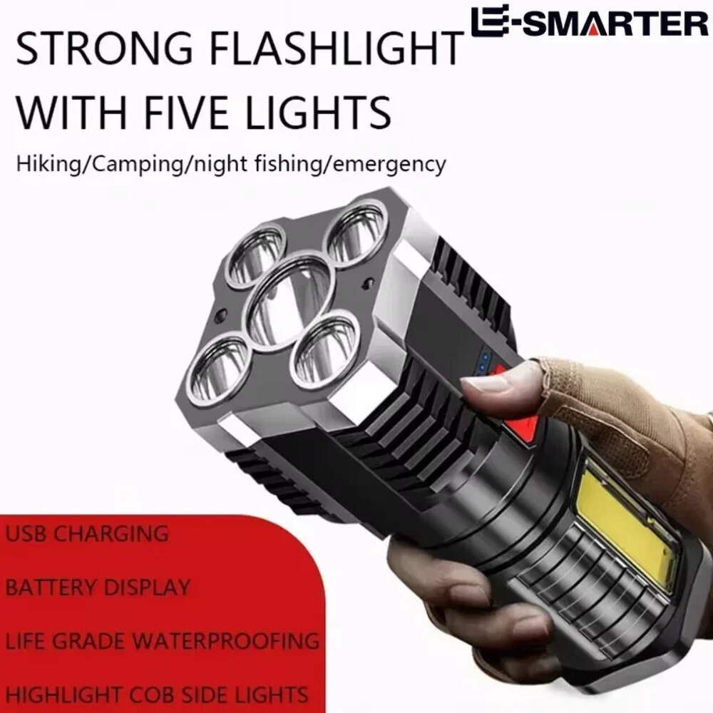Rechargeable 5 LED High Power Flashlight with Side Light for Outdoor Camping
