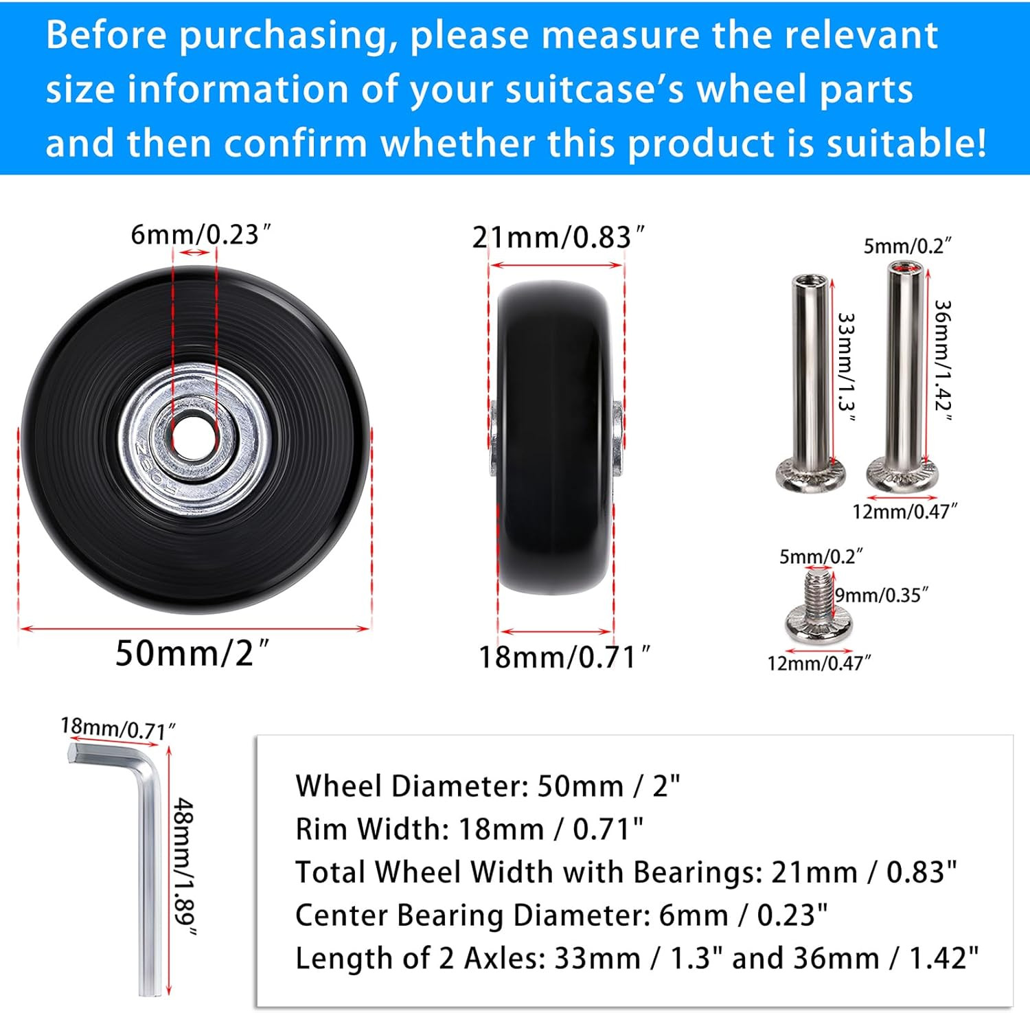 50Mm X 18Mm Set of 4 Luggage Suitcase Replacement Wheels, Rubber Swivel Caster W