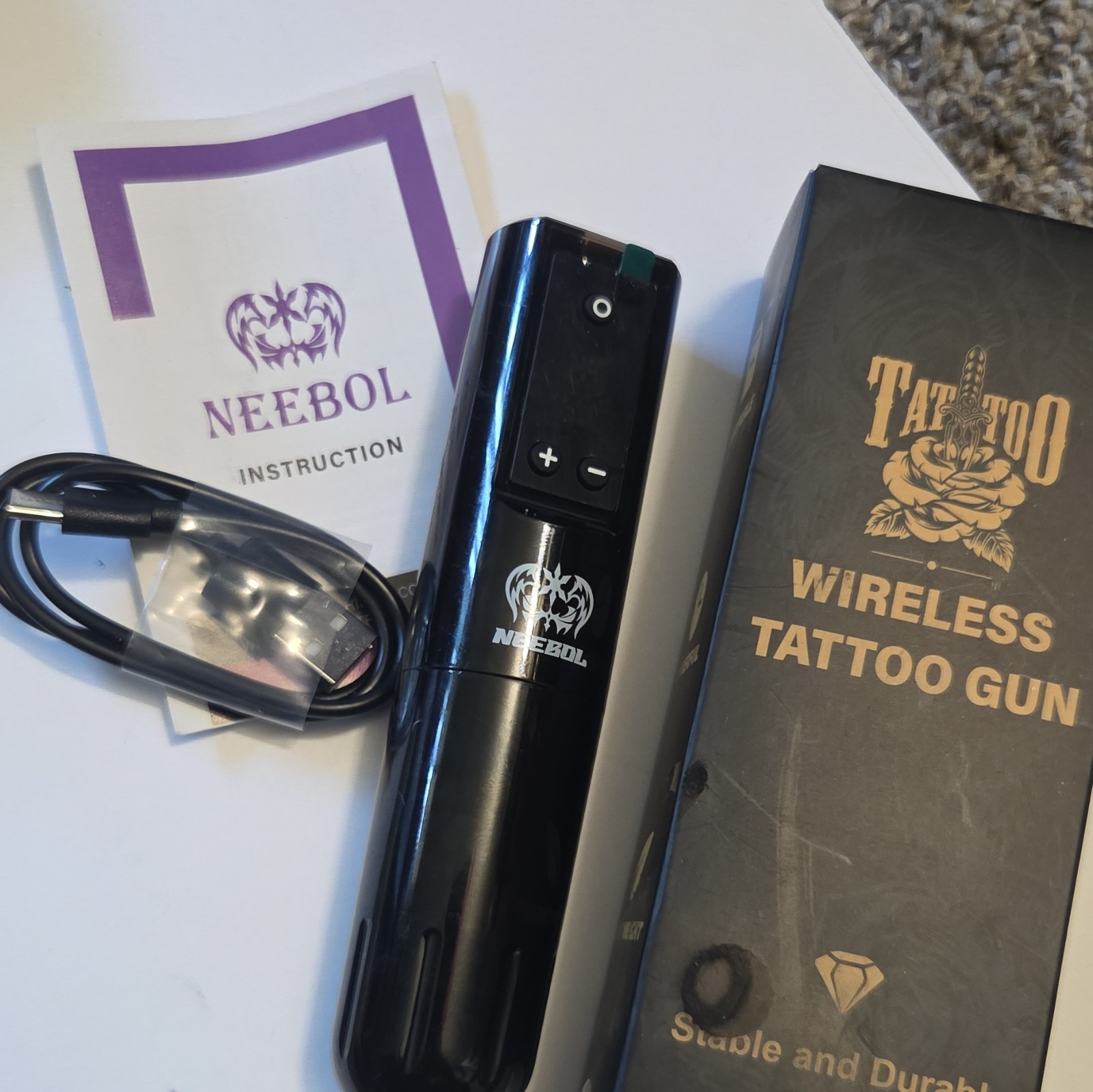 NEEBOL Wireless Adjustable Tattoo Pen Machine, Black, USB Cable & Manual