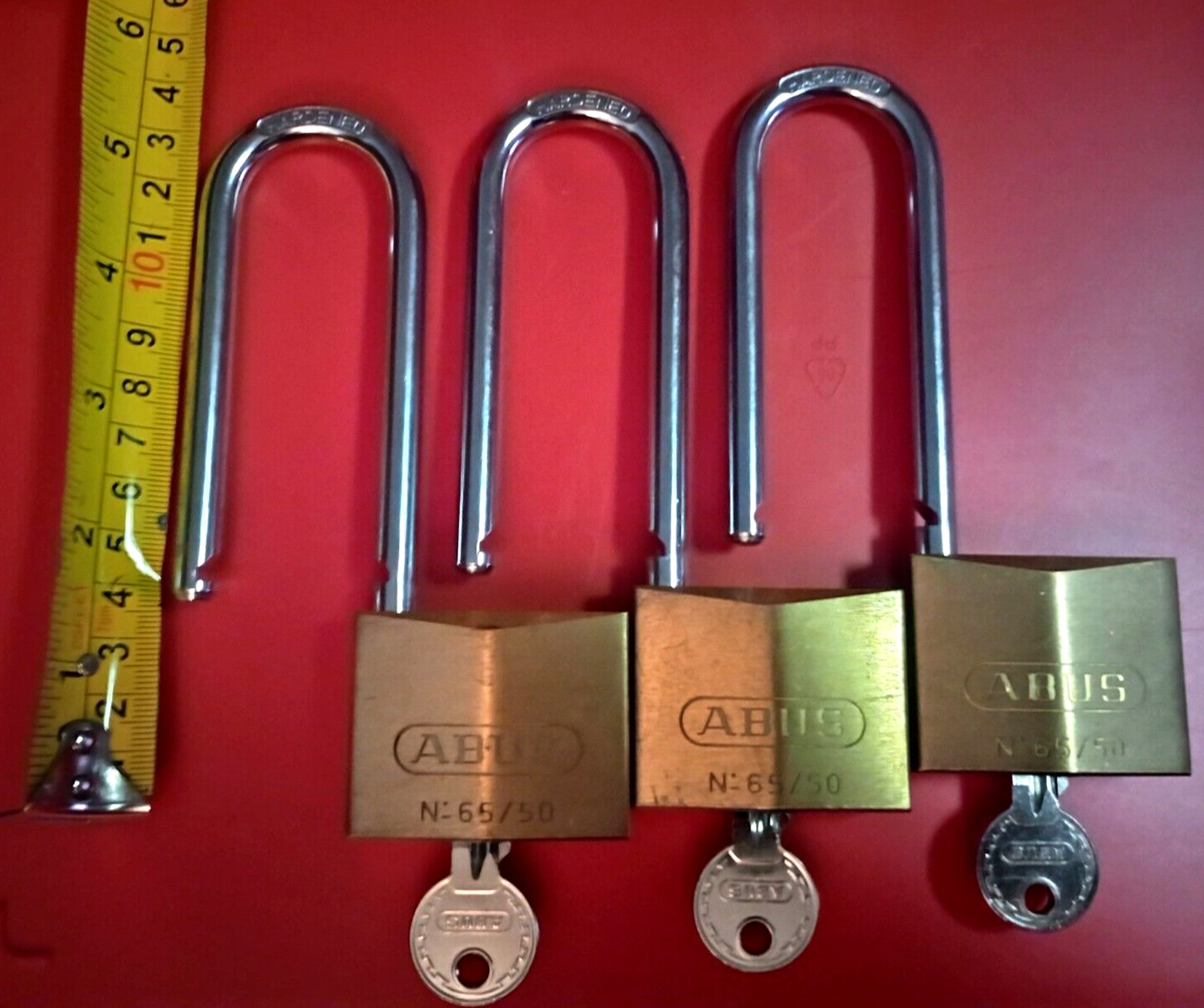 ((( 3 ))) ABUS 65/50 Solid Brass Padlock Hardened Long Shackle w/ 3 Keys LOT