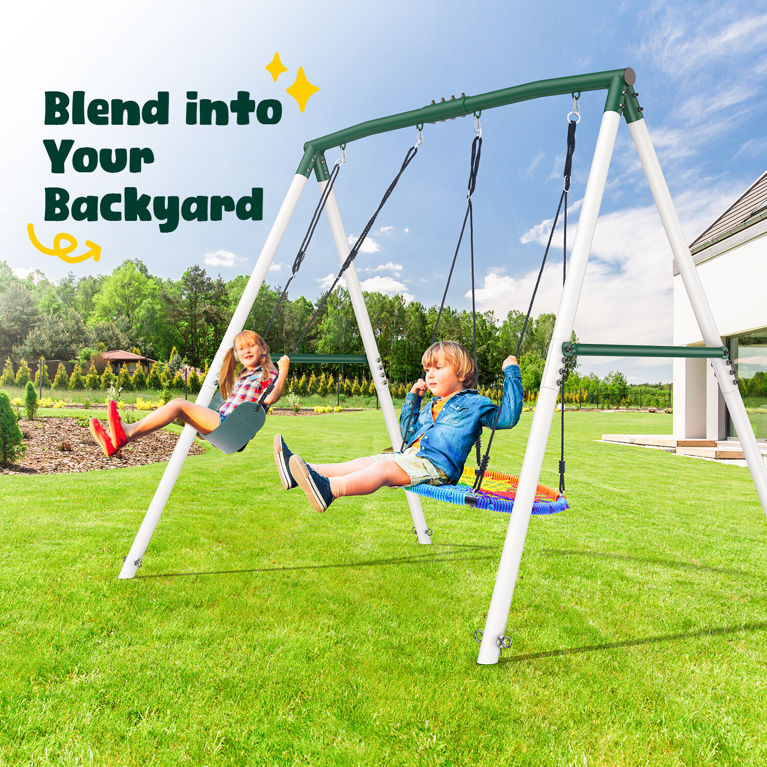 500lbs Heavy Duty Swing Set Outdoor 7.5ft Tall Frame with 2 Swings Kids Swingset