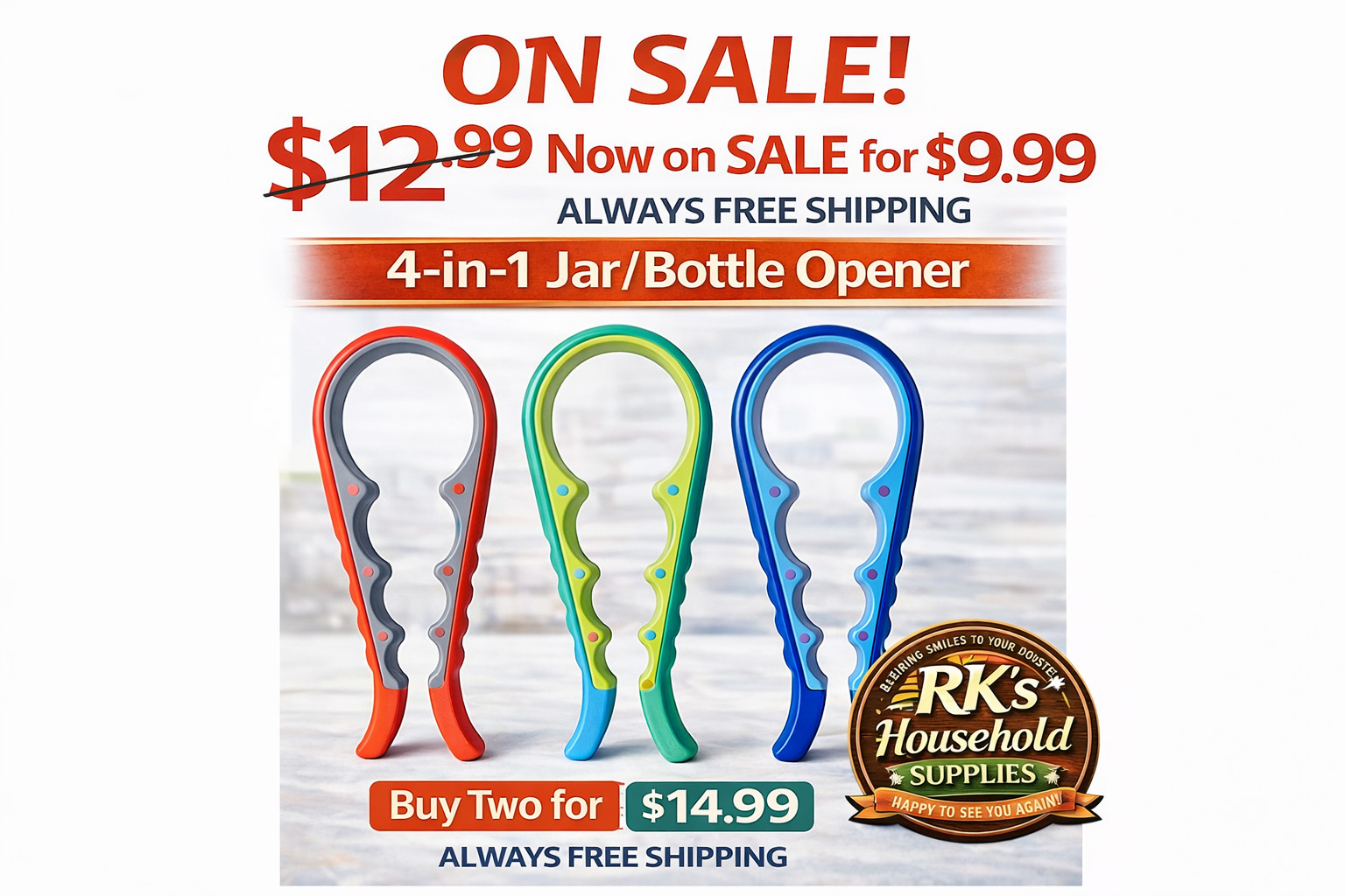 RED 4-in-1 Jar Opener Bottle Opener Easy Grip Kitchen Tool Lid Opener