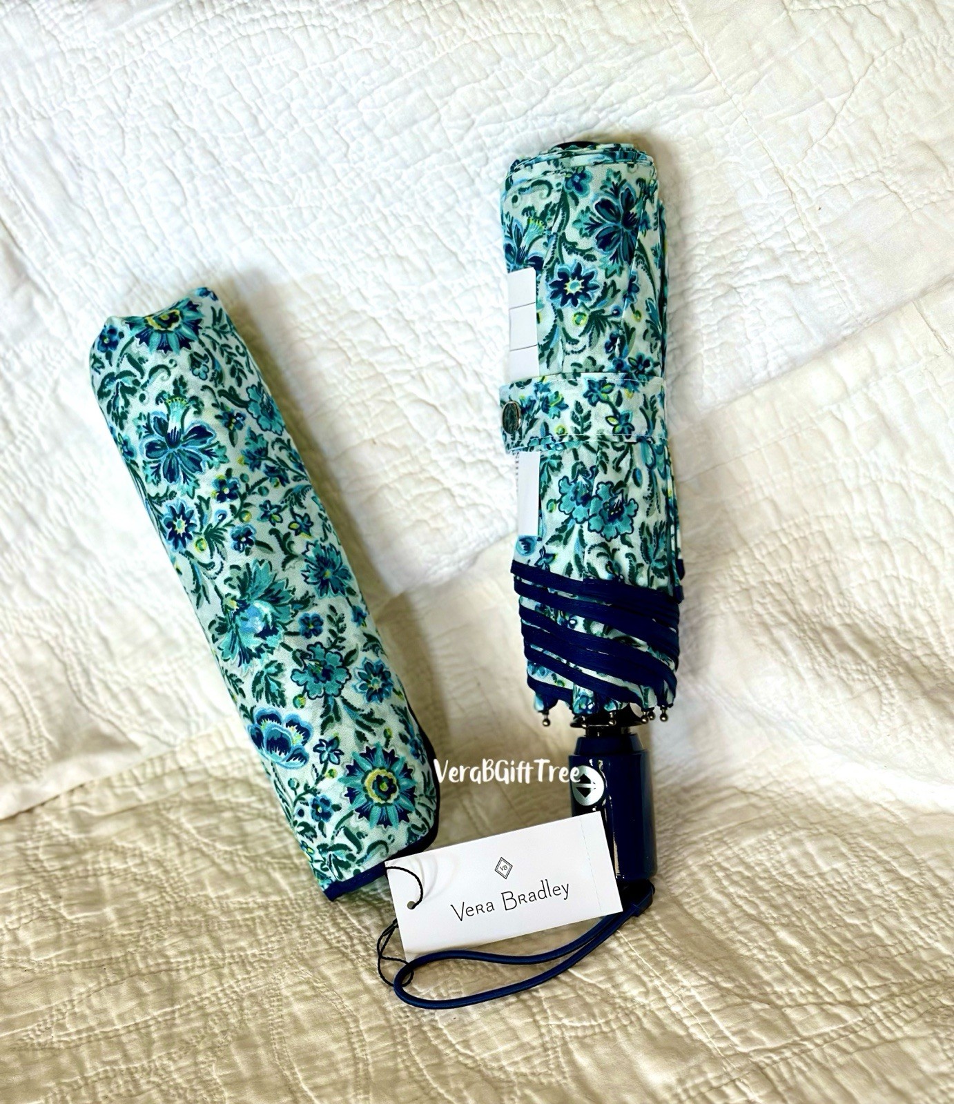 Vera Bradley Automatic Umbrella CLOUD VINE TEAL Blue Floral RARE NWT SEALED New