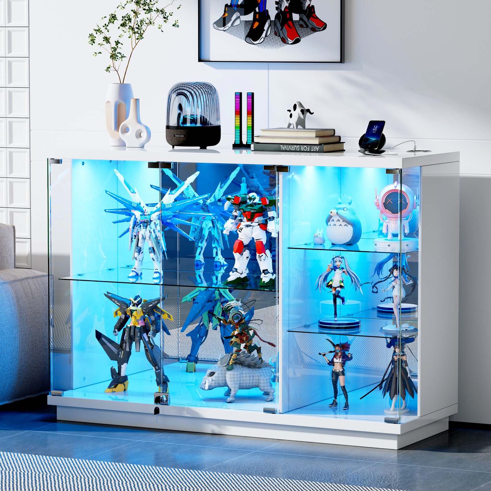 White Glass Display Case with LED Light for Collectibles, Lockable Curio Cabinet