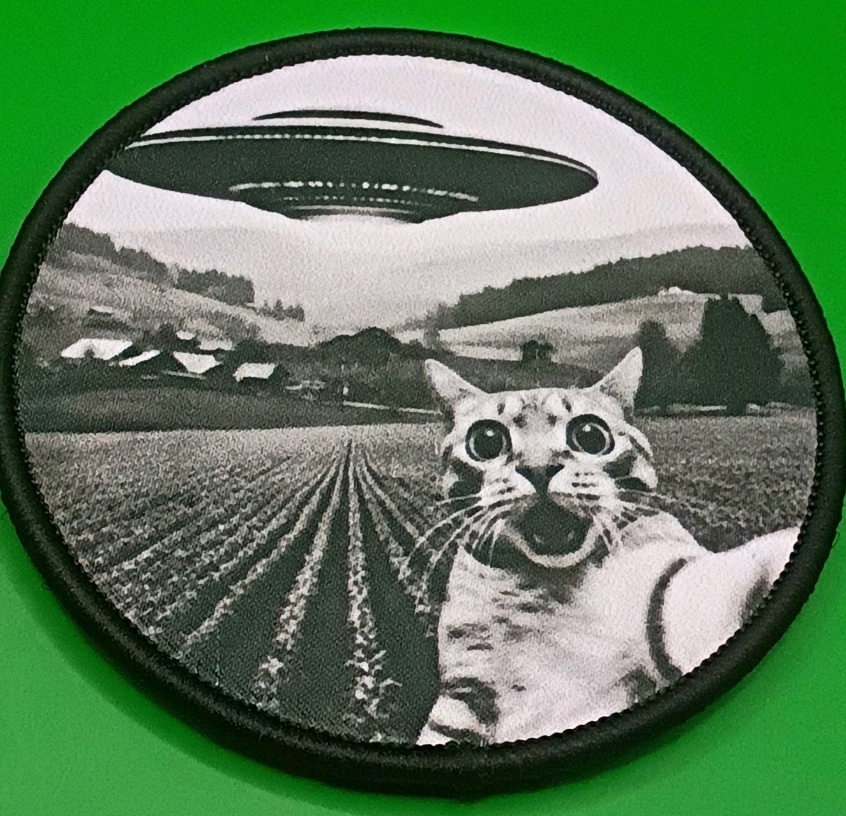 Funny UFO Cat Selfie Morale Patch Alien Abduction Screen Print Embroidered