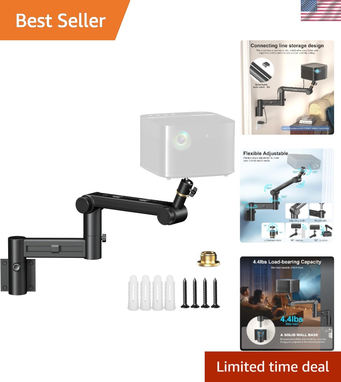 Durable Projector Wall Mount with Adjustable Angle - Ideal for Home Theaters