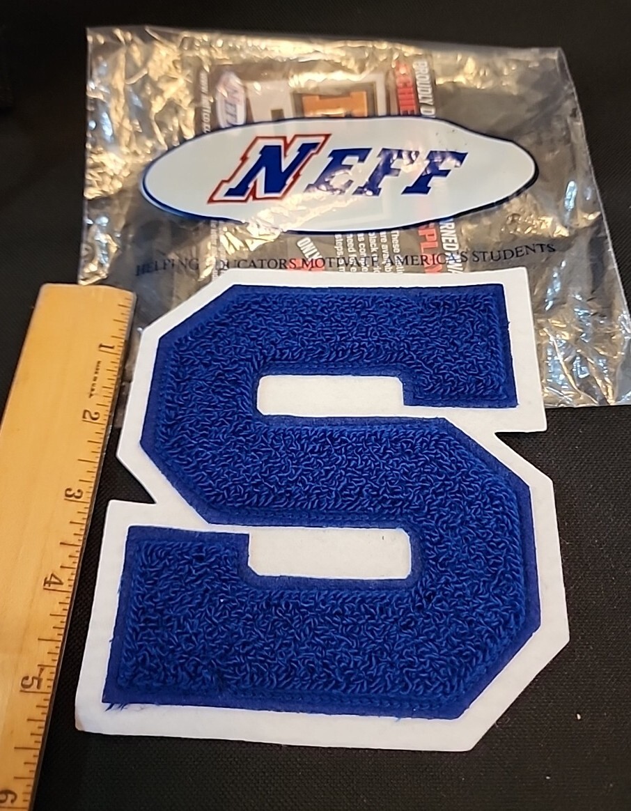 NEFF Varsity Letter "S" School Letterman BLUE Patch on WHITE, 5"  NEW