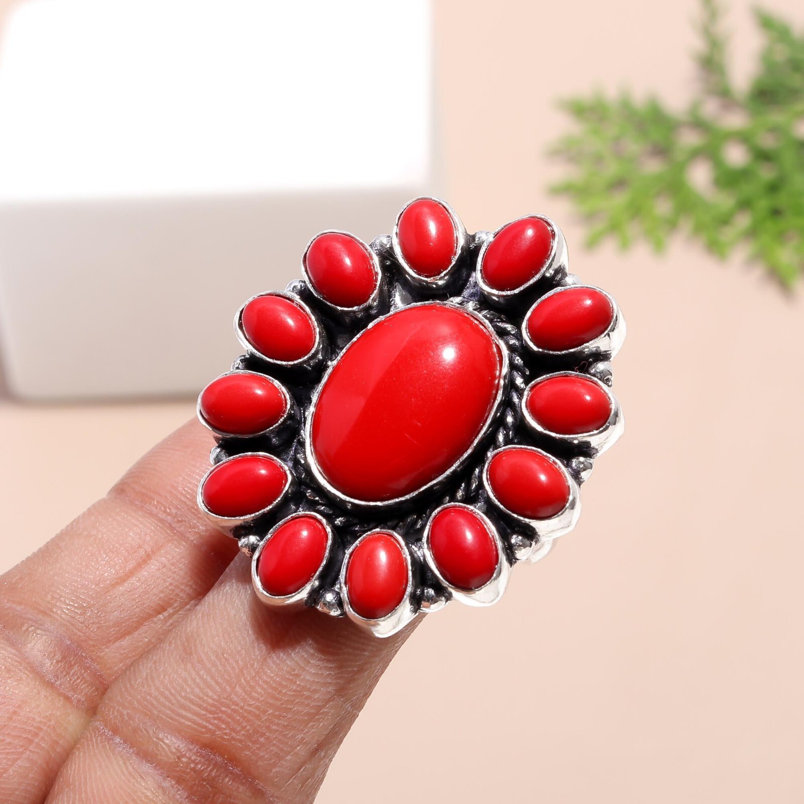 Red Coral Gemstone Handmade Jewelry 925 Sterling Silver Ring For Anniversary