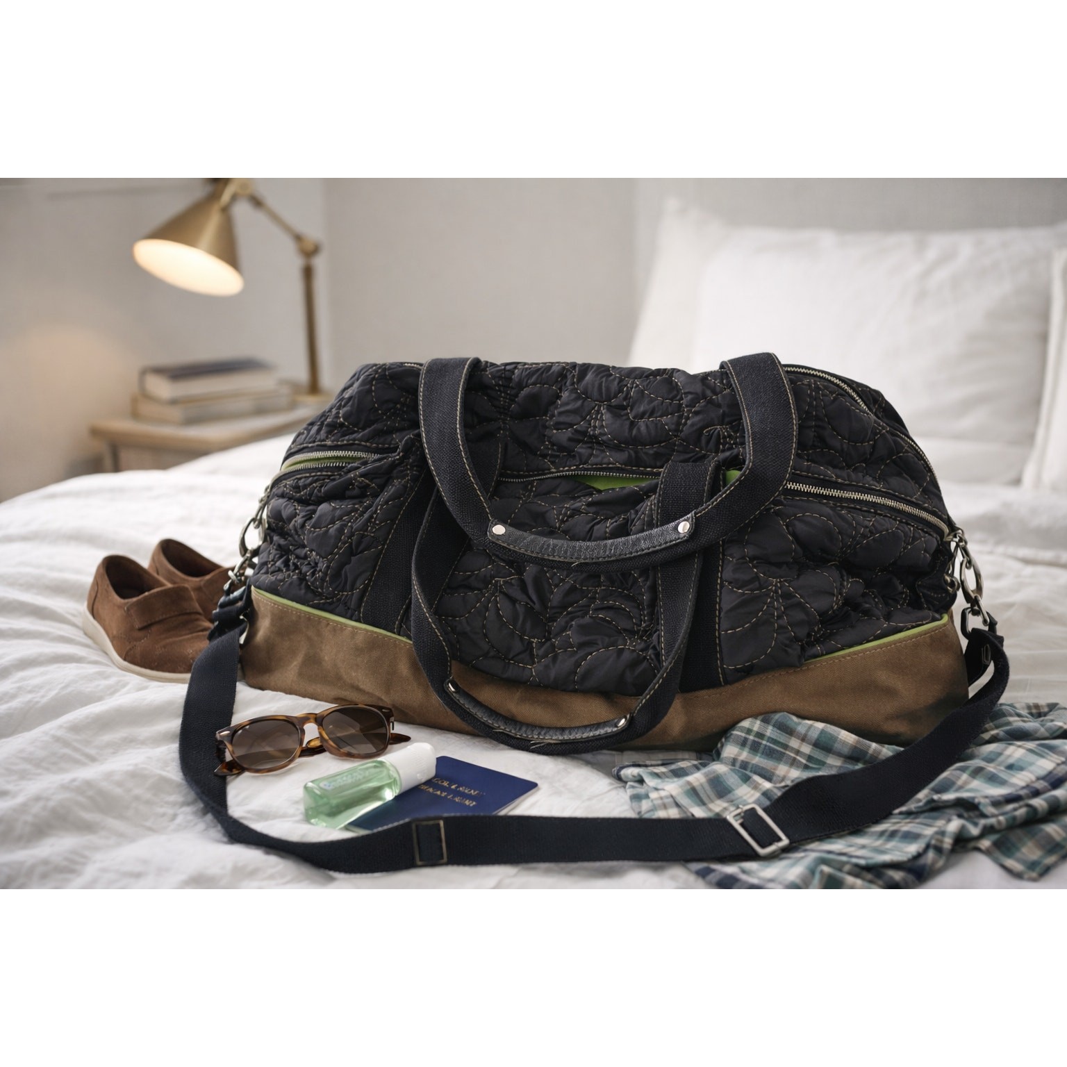 Fossil Key-Per Quilted Nylon Tote Shoulder Bag Black Green Travel Overnight