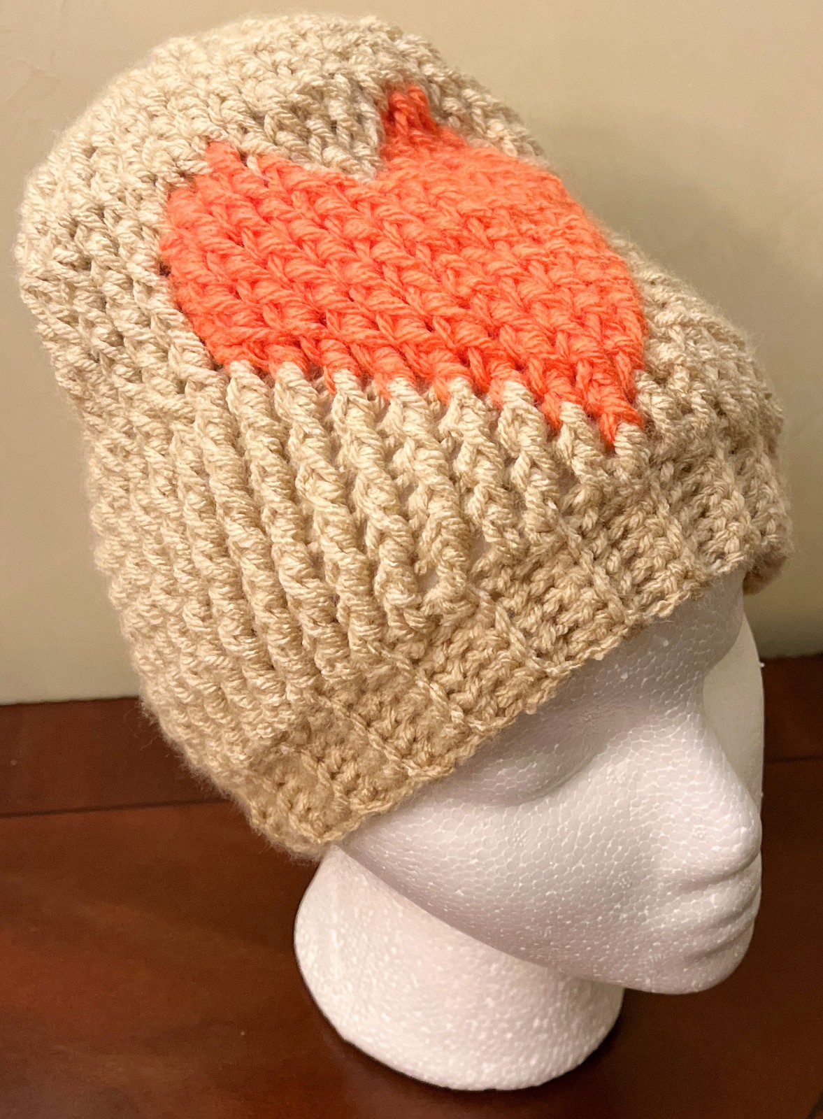 Handmade Crochet Beige VALENTINE's DAY GIFT Beanie For Unisex Teens L-9"