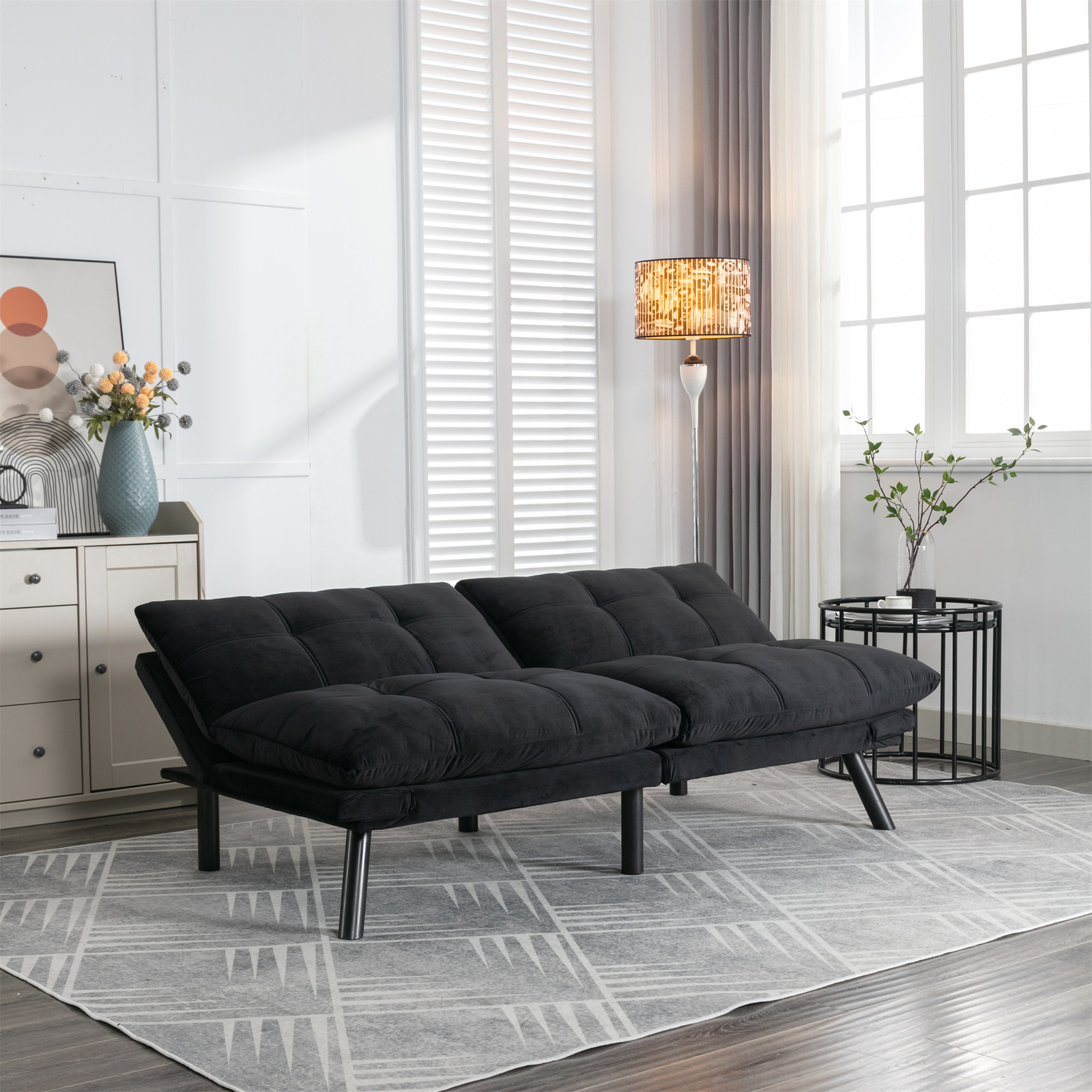 Black Convertible Folding Modern Sofa Bed Fit Small Apartment or Room Well