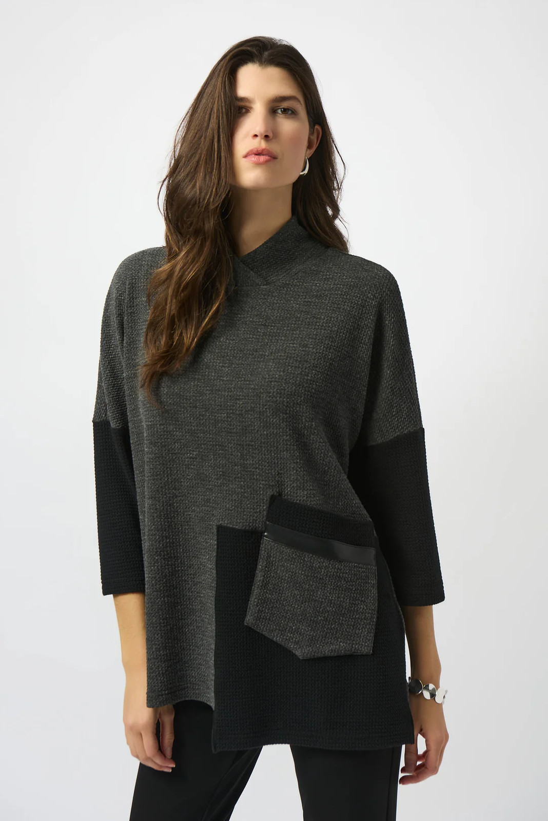Joseph Ribkoff Grey/Black Color Block Textured 3/4 Sleeve Boxy Top 253083-R