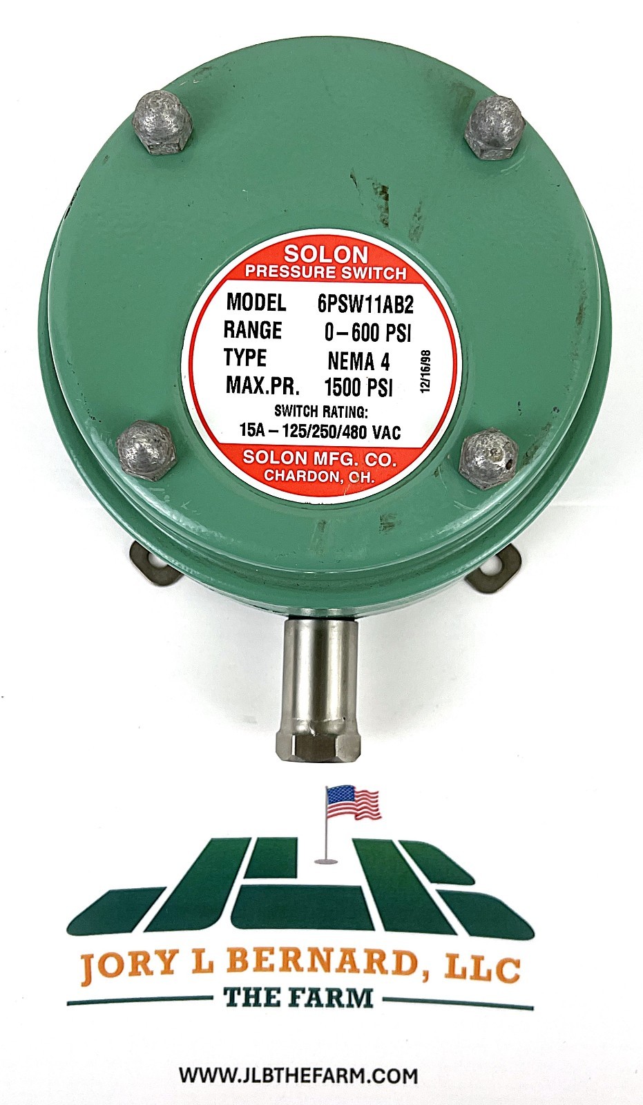 SOLON, 6PSW11AB2, RANGE 0-600 PSI, SWITCH RATING 15A-125, PRESSURE SWITCH USED