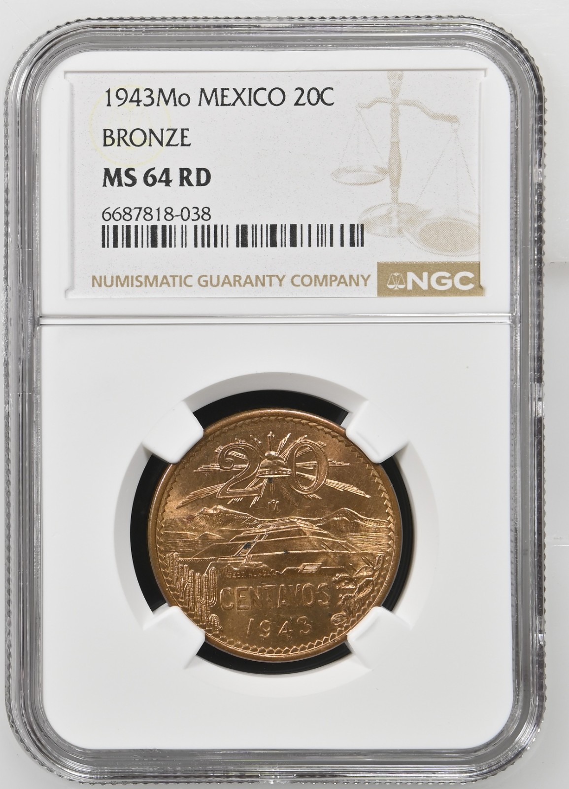 Mexico 20 Centavos 1943 Mo Bronze NGC MS 64 RD