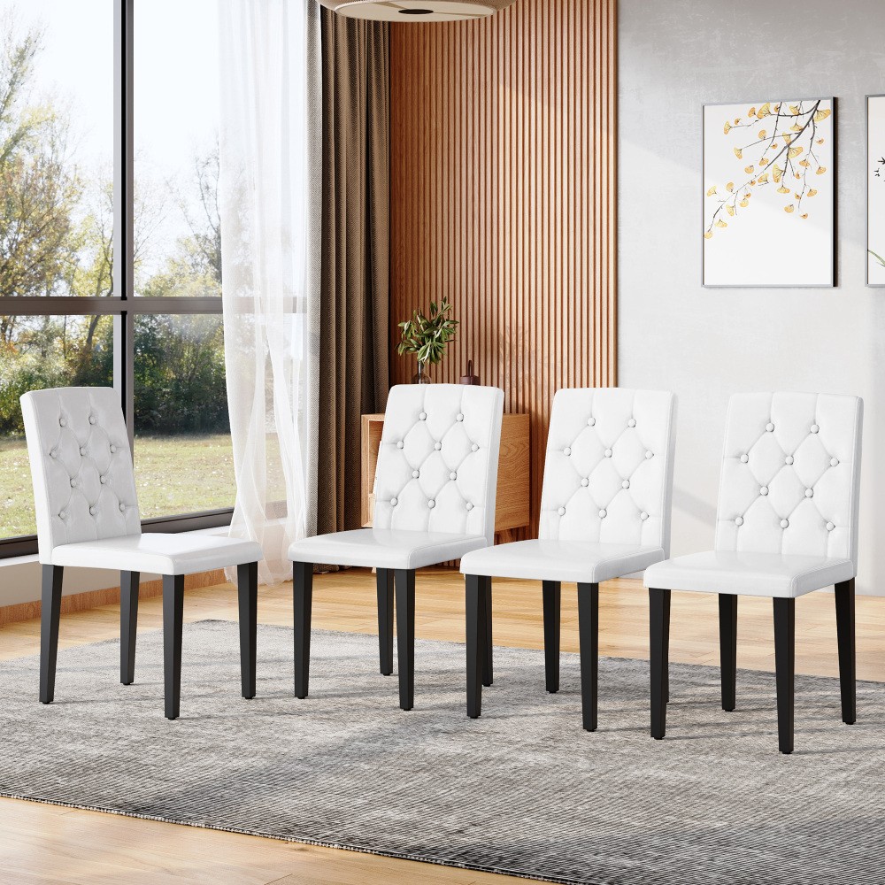 Set of 4 White PU Leather Dining Chairs w/Buckle Backrest, Black Metal Legs