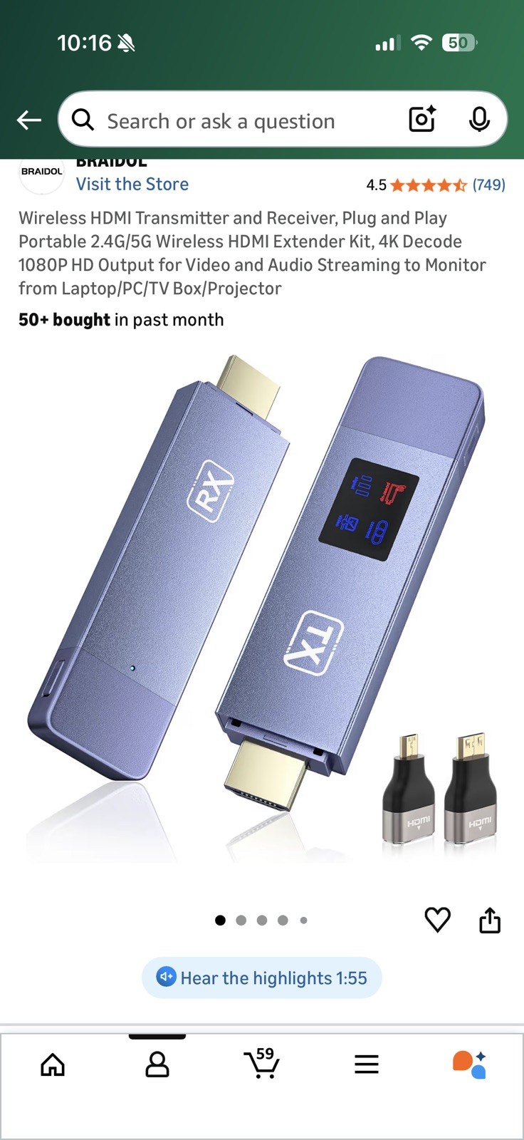 Braidol Wireless HDMI Transmitter and Receiver, HD  Plug Play 2.4G/5G purple