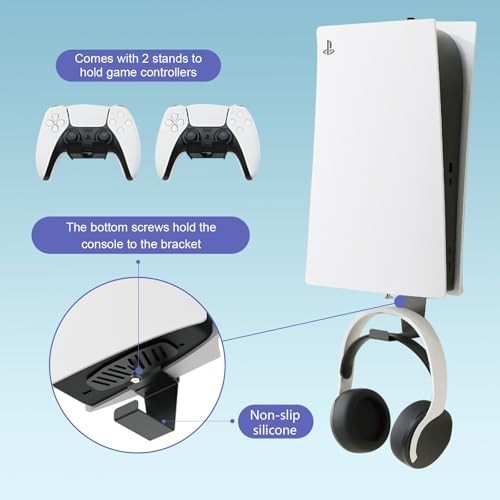 Heavy-Duty PS5 Wall Mount Kit for Cooling & Protection, 2 Controller & Headset H
