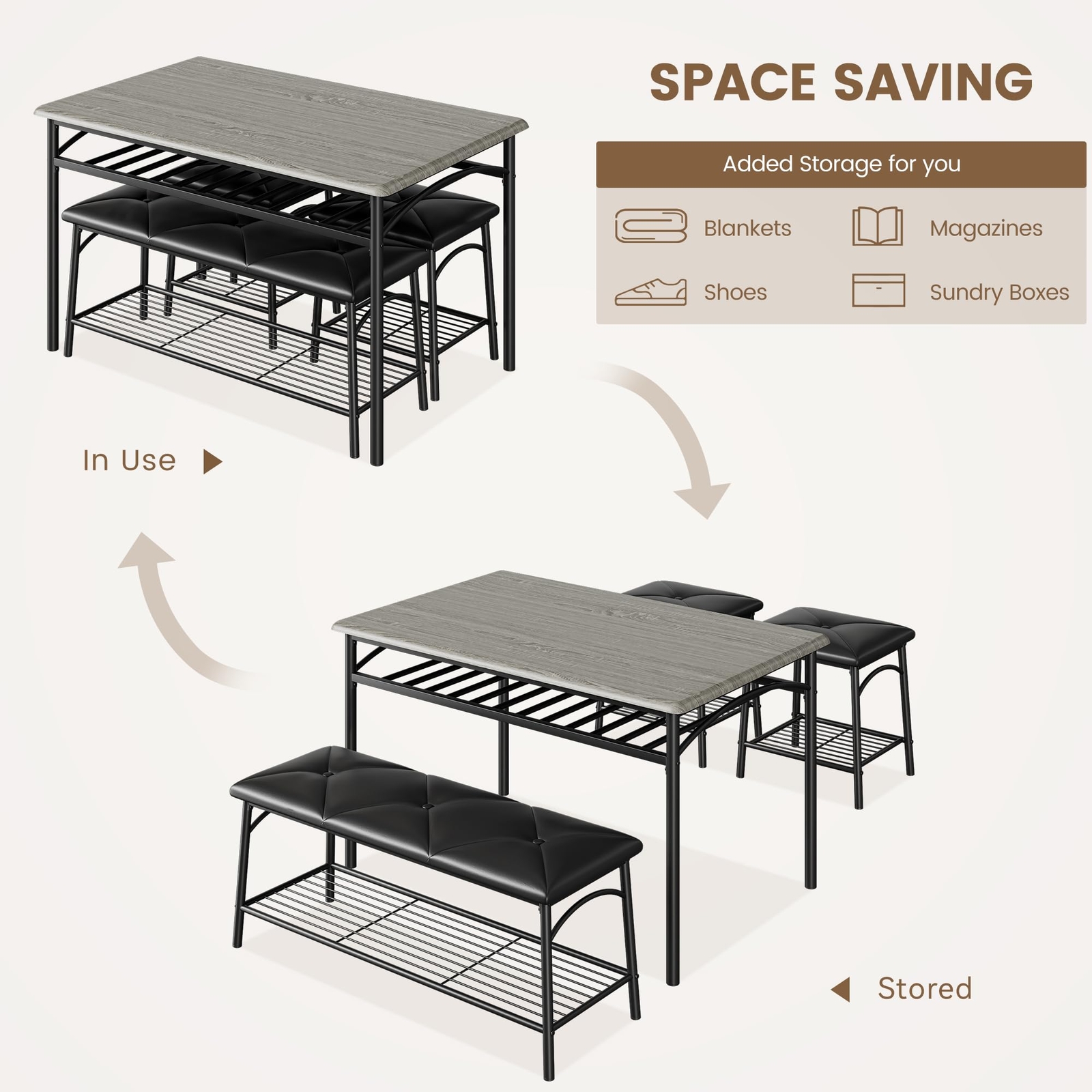 Dining Room Table Set for 4 Kitchen Table with Bench ,Stools & Storage Rack Grey