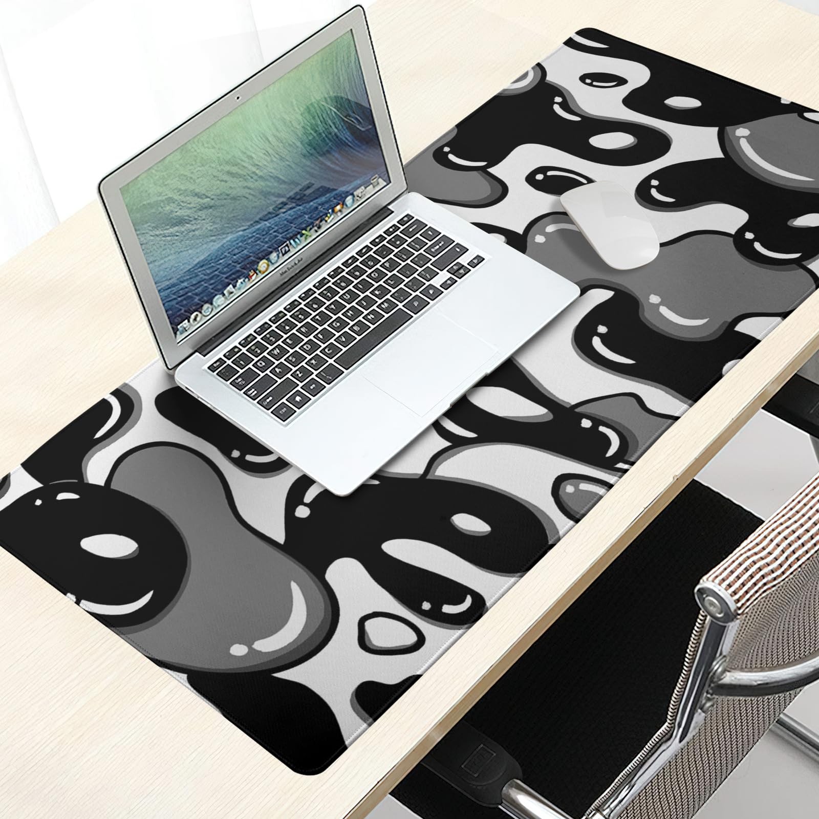 Black White Geometric Japanese Mouse Pad Desk Mat 35.4" x 15.7" Abstract Exte...