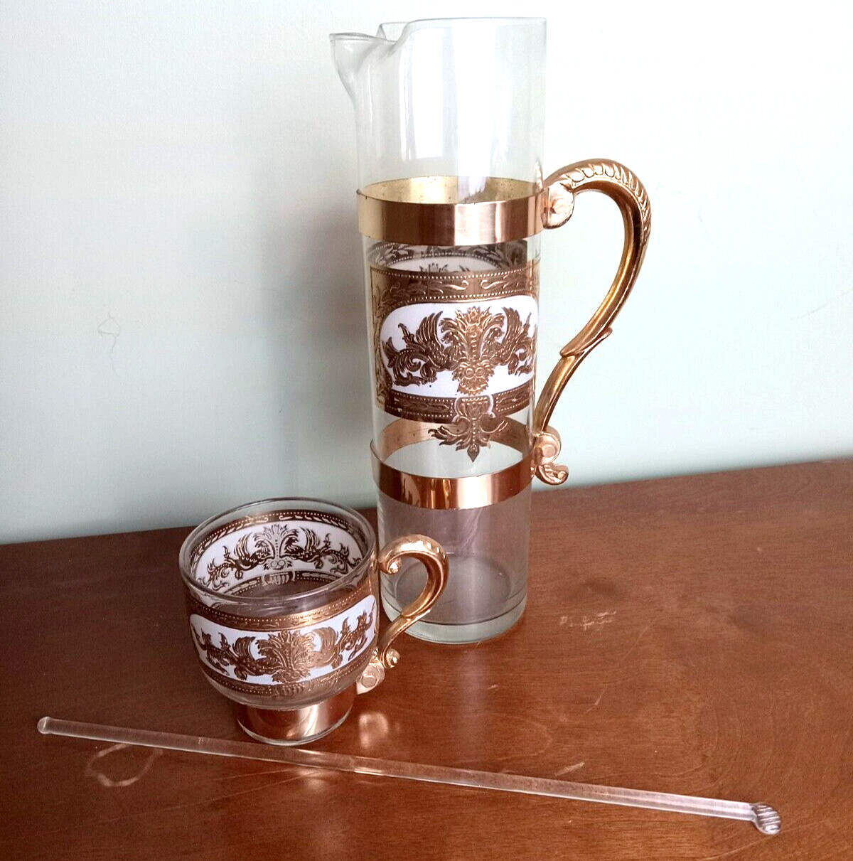 Vintage MCM Elaborate Russian 22K Gold Gilt Glass Cocktail Martini Bar Set
