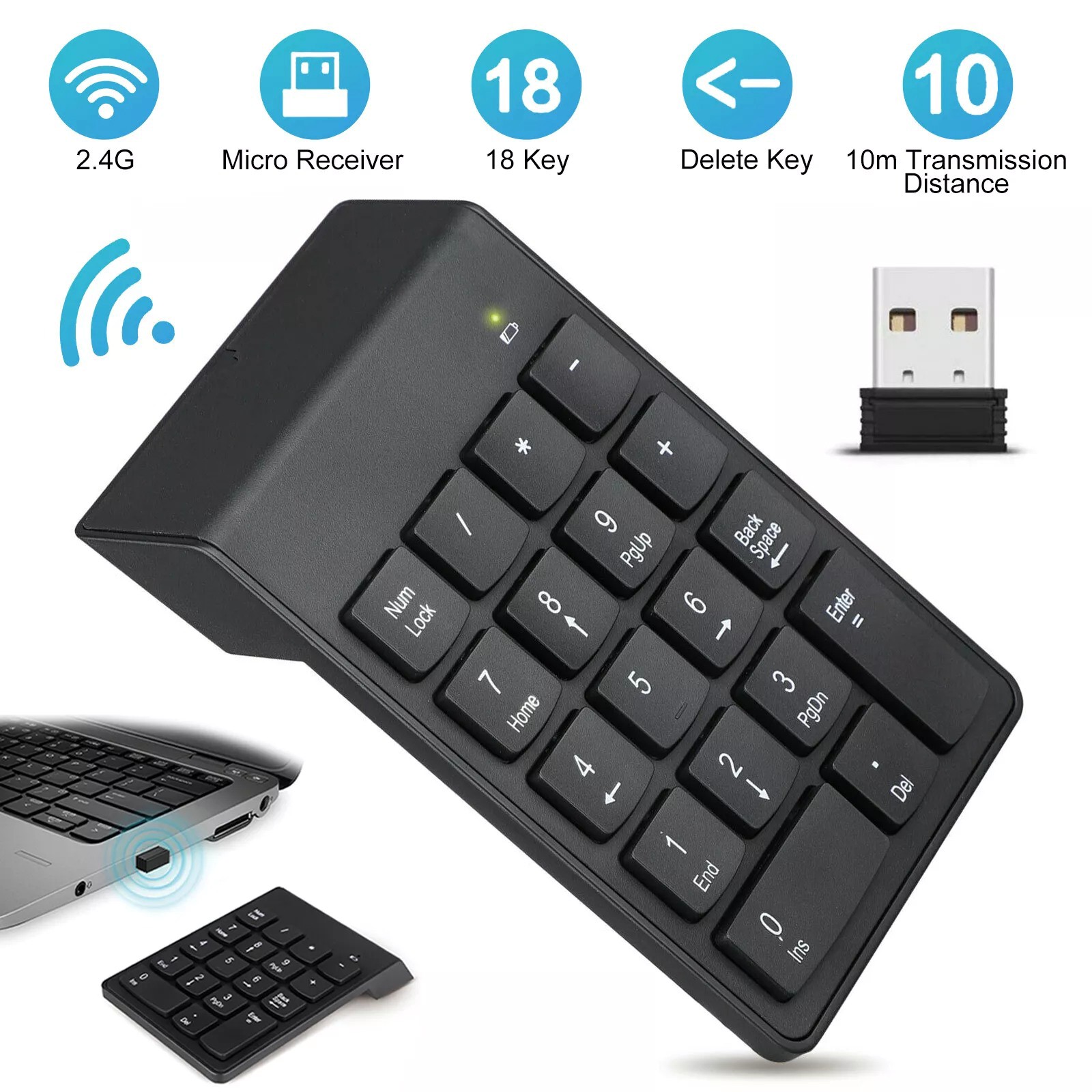18-Key Wireless Number Keyboard W/2.4G USB Receiver 33ft Range Ergonomic Design