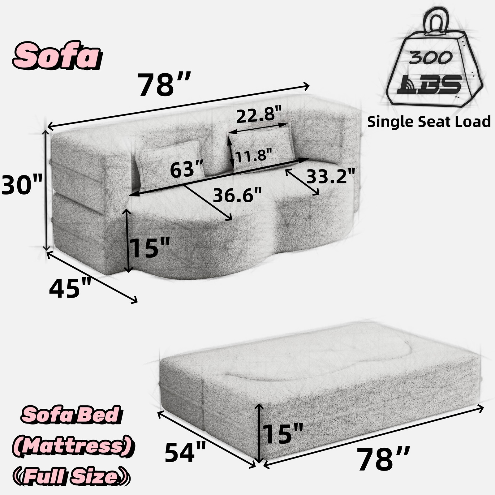 Modern Floor Sofa ,Convertible Sleeper Sofa Bed,15" Full Size Folding Ma
