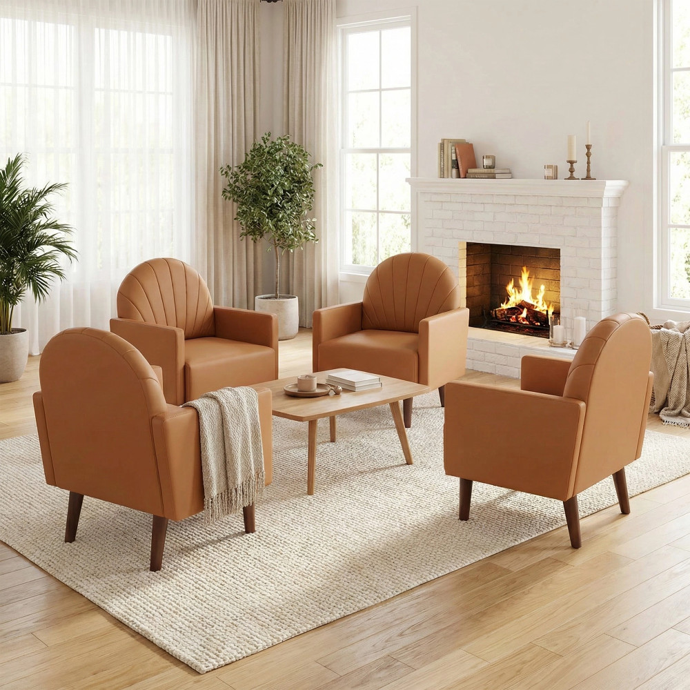 Orange PU Leather Accent Armchair with Plush Pillow & Wood Legs