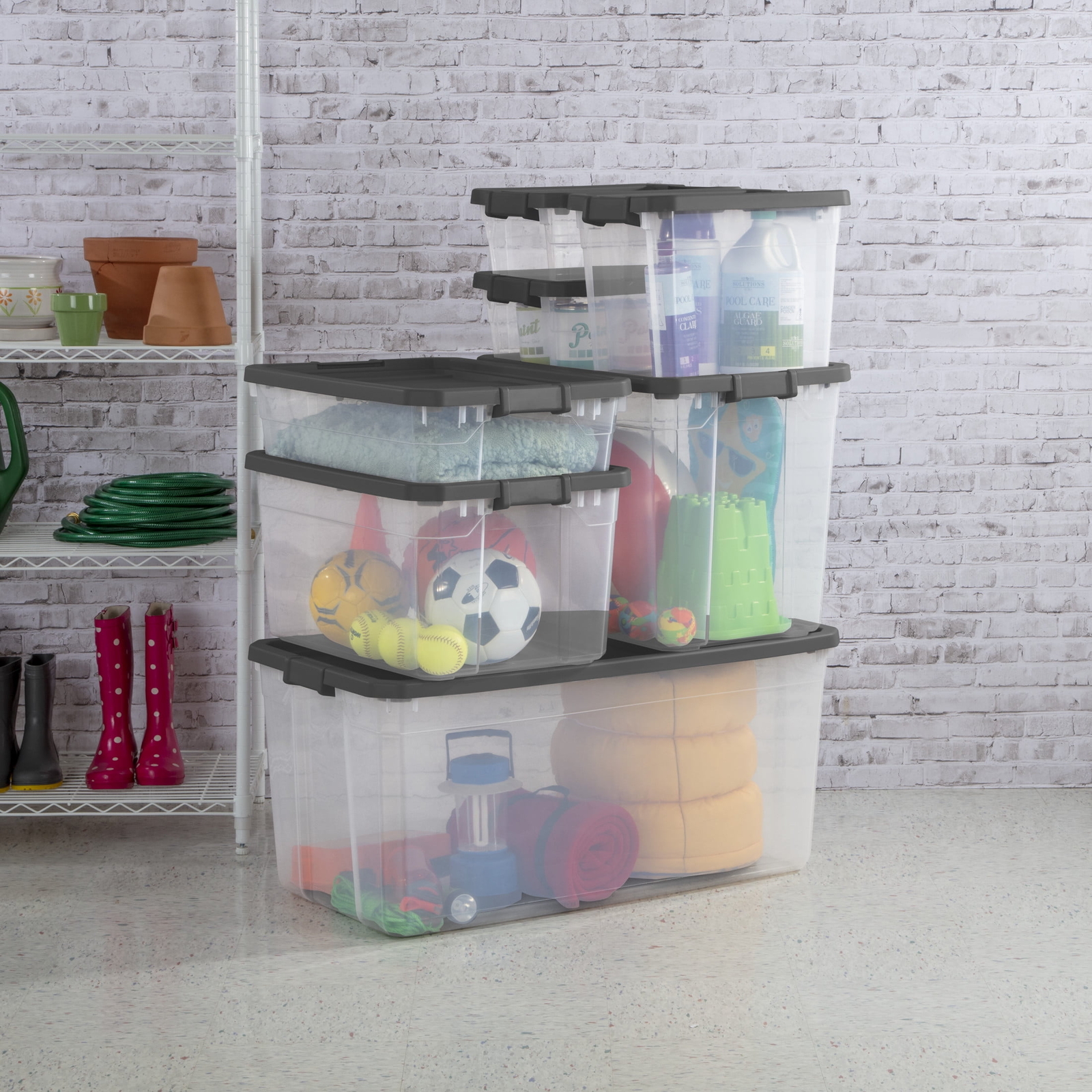 76 Quart Stacker Box, Durable Clear Plastic Bin with Lid, Dark Gray
