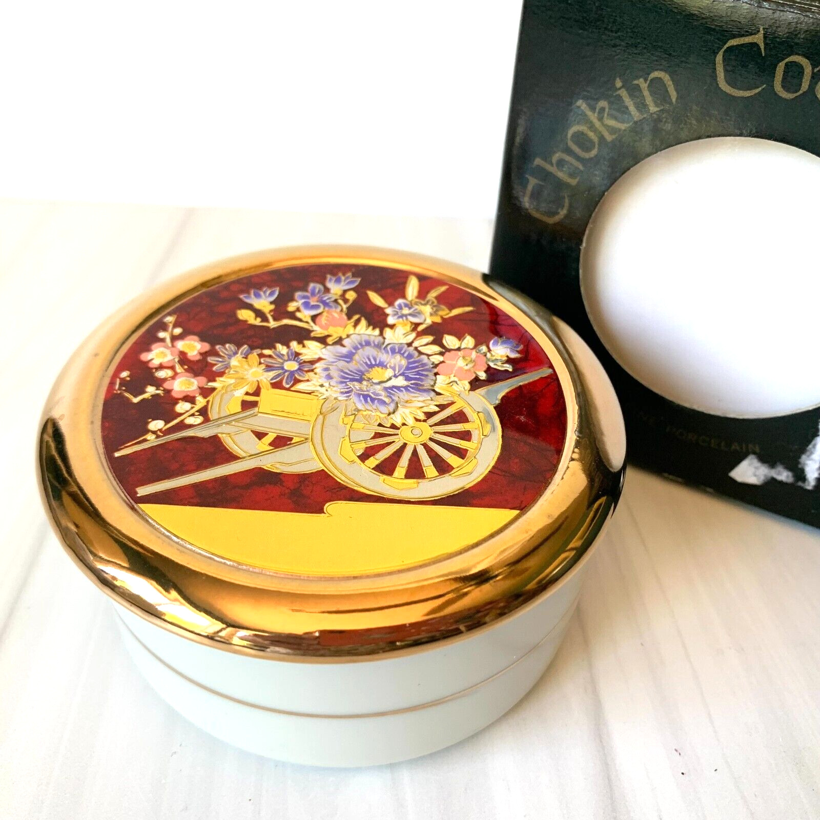 Chokin Trinket Box RARE Color Porcelain Japan 24K Gold Flower Cart Blossom 3901