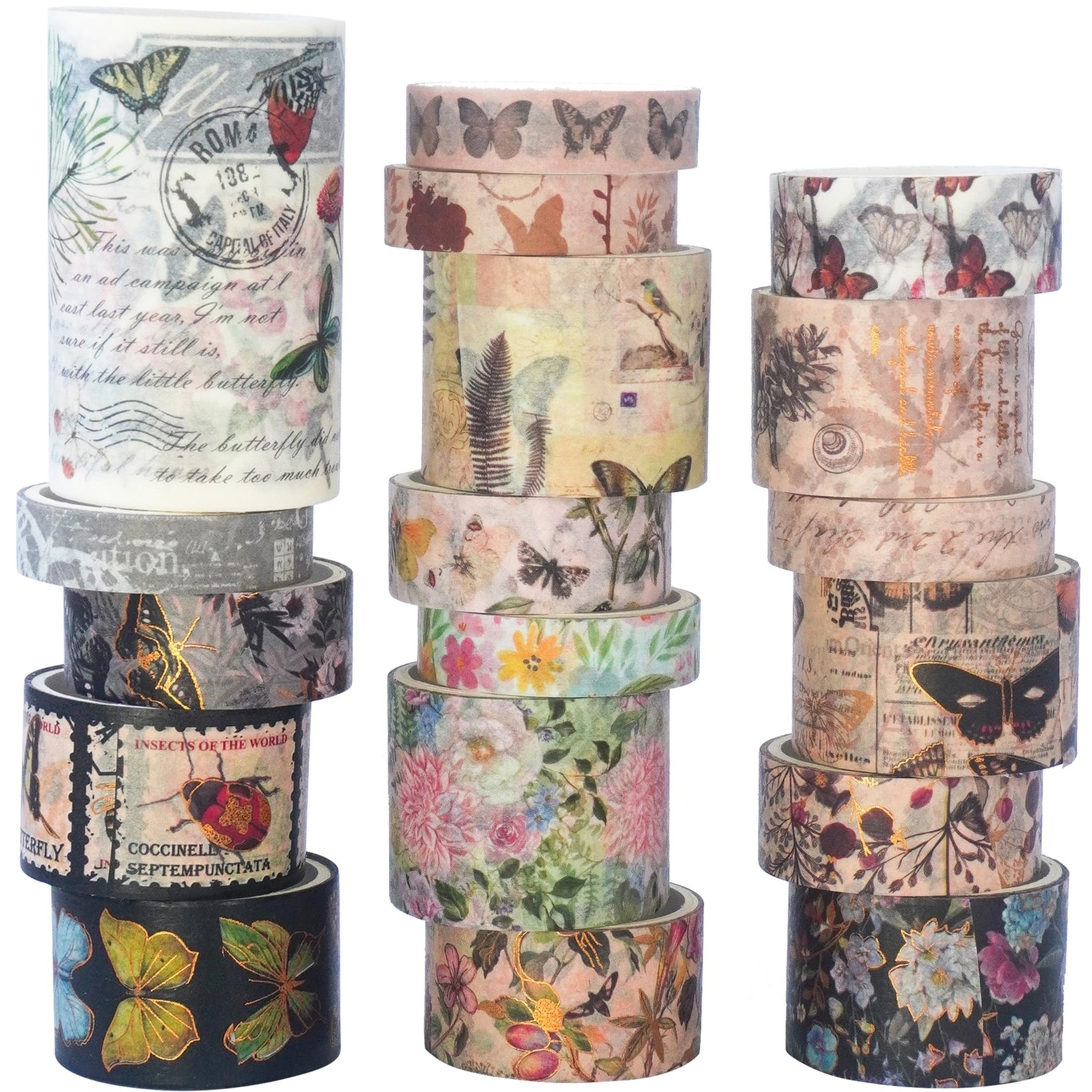 Butterfly Washi Tape Set 18 Rolls Vintage Gold Foil Masking Wide Retro Decora...
