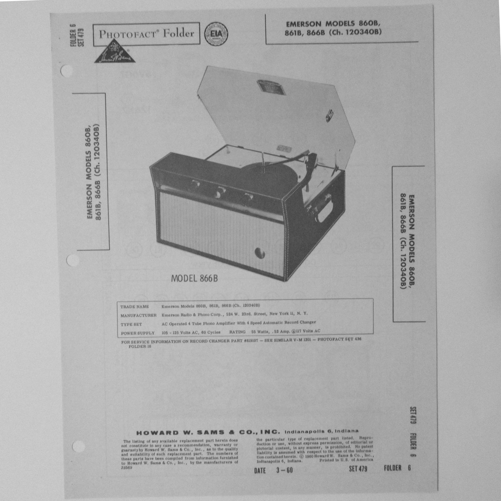 Emerson Models 860B 861B 866B Phonograph Changer SAMS Photofact ™ 1960 - New