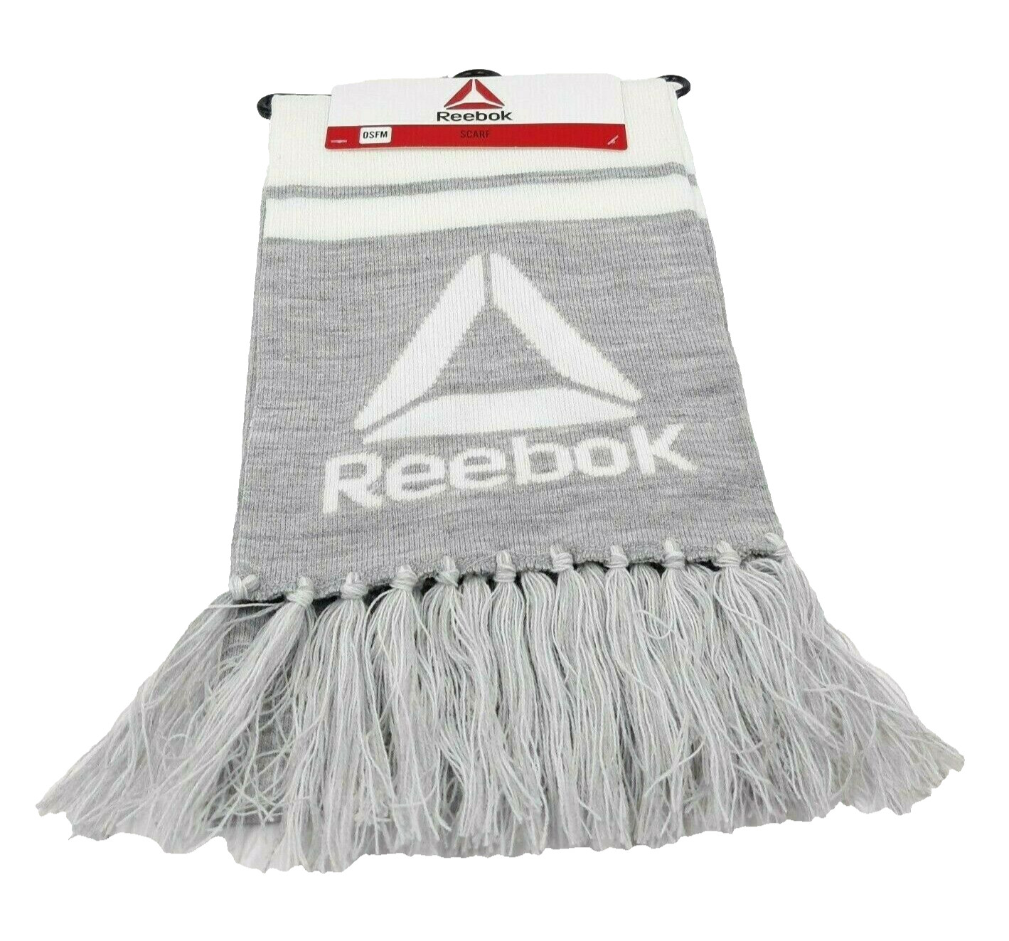 Reebok Winter Scarf Spellout Unisex Tassel Fringe Gray And White OSFM New