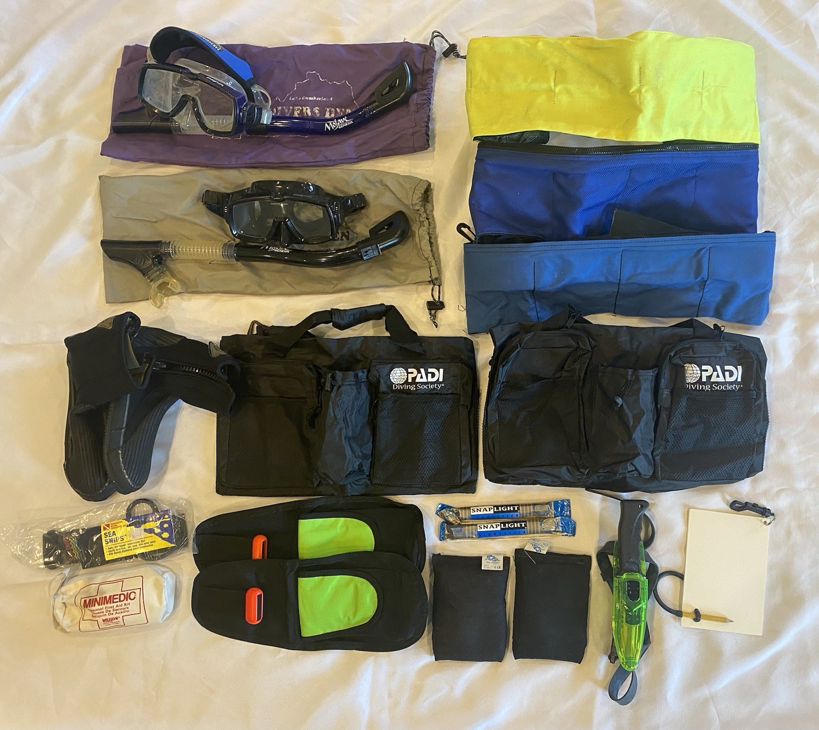 Lot Of 18+ Scuba Diving/Snorkeling Accessories-Weights, Storage Bags, Knife+More