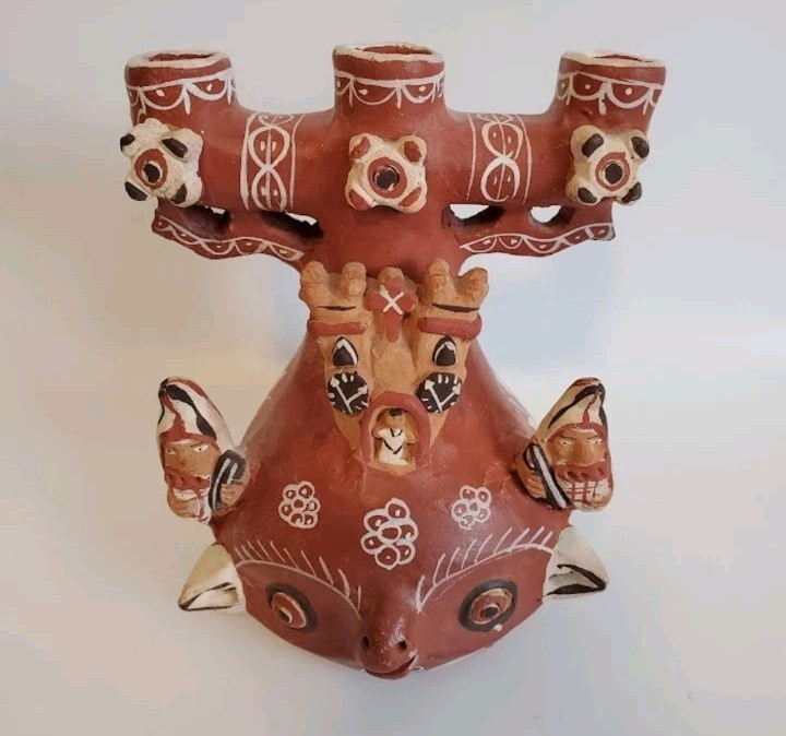 VTG Peruvian Red Clay Luminary Quinua Triple Candelabra Ceremonial Peru Folk Art