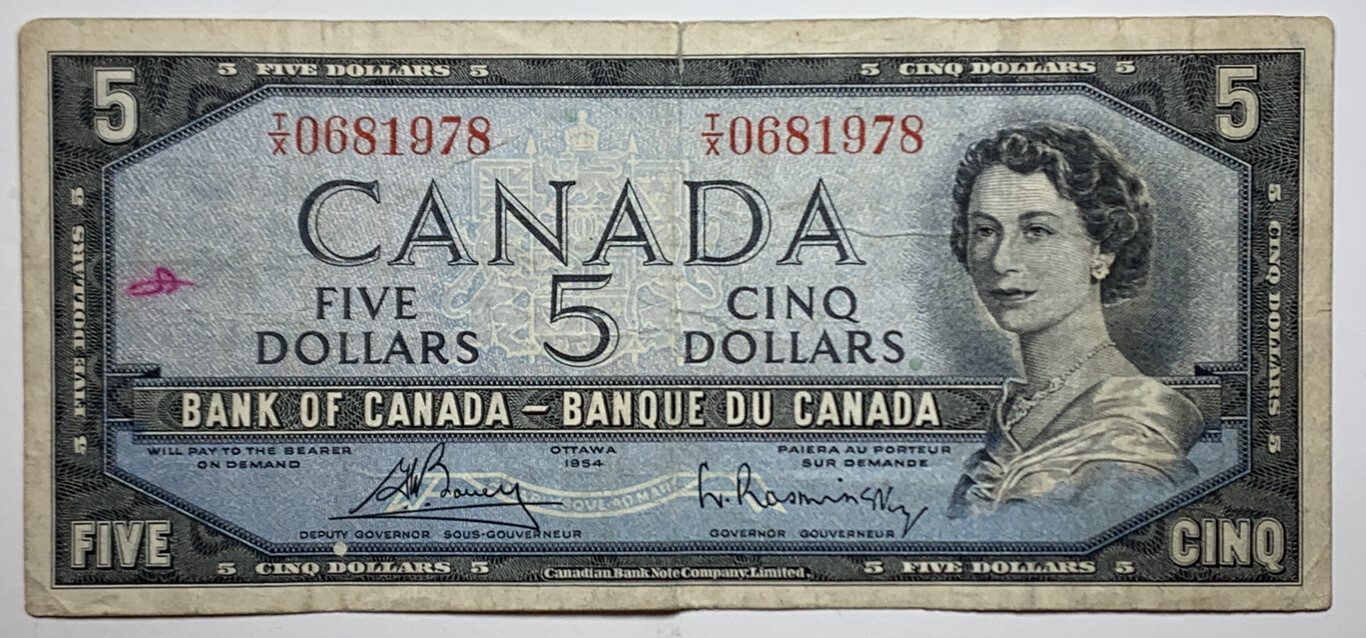 1954 Canada $5 Cinq Five Dollars Banknote Prefix TX CBN Beattie-Rasminsky P#77b