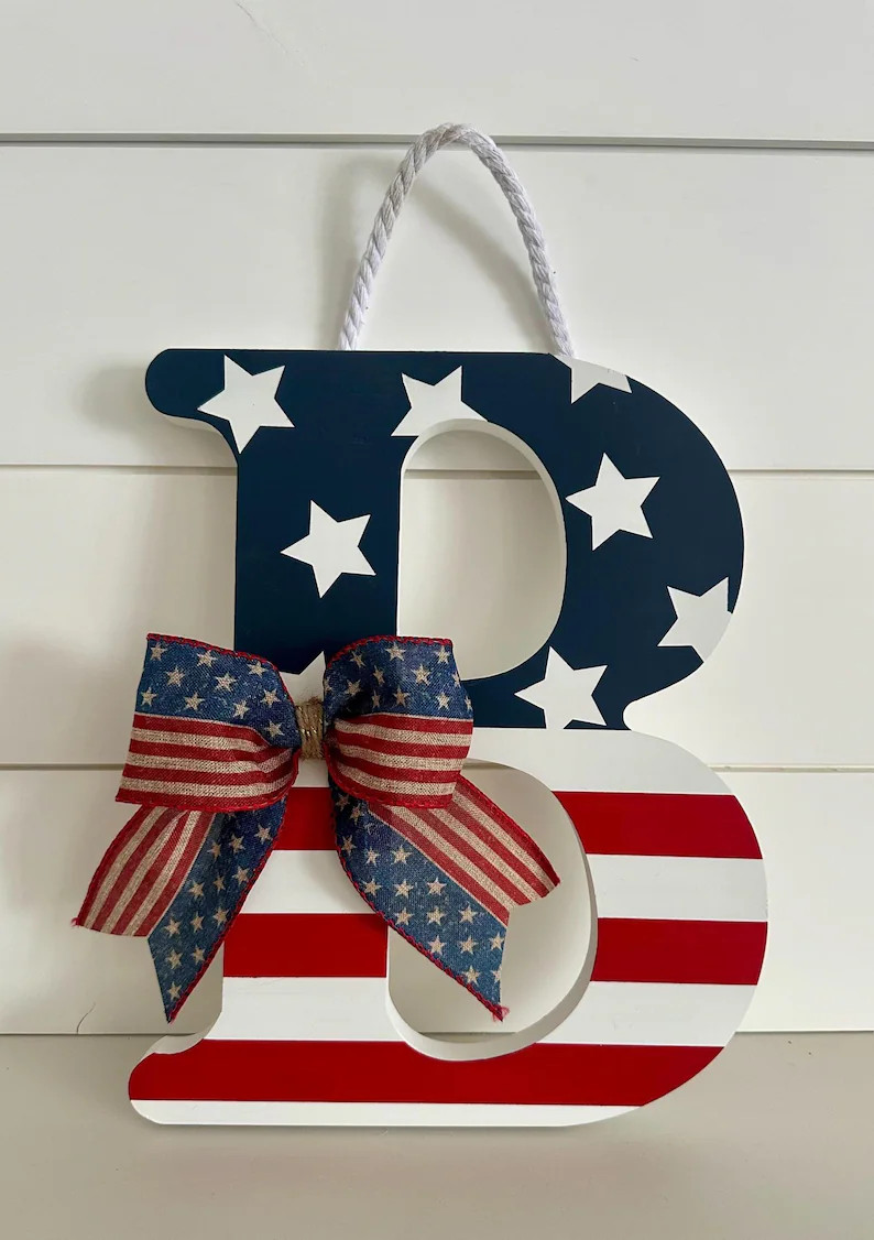Patriotic Initial Personalized Monogram Wall Sign with Rope